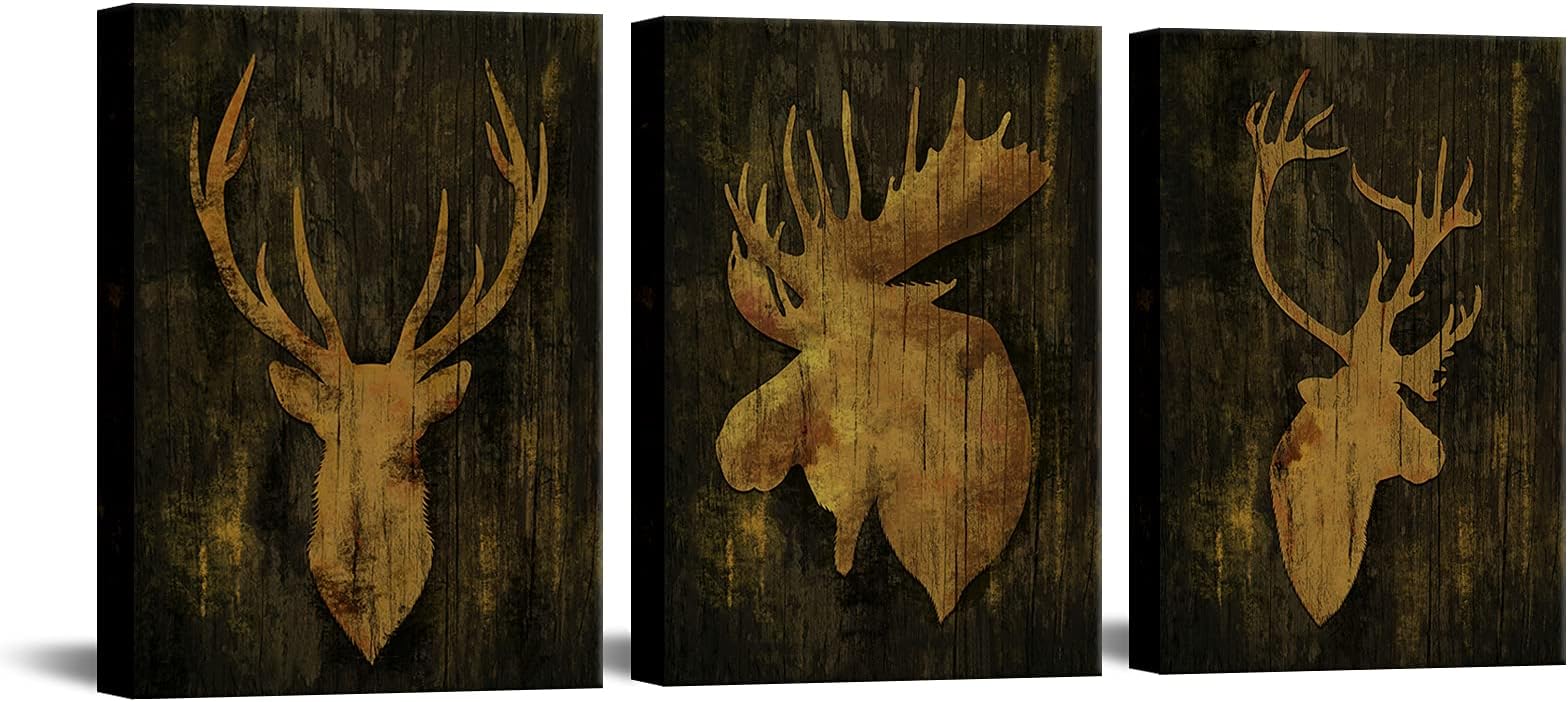 SiMiWOW 3 Piece Moose Elk Wall Art Rustic Cabin Decor Animal Canvas Wall Art Farmhouse Decor Picture Framed Ready to Hang 12"x16"x3 Piece