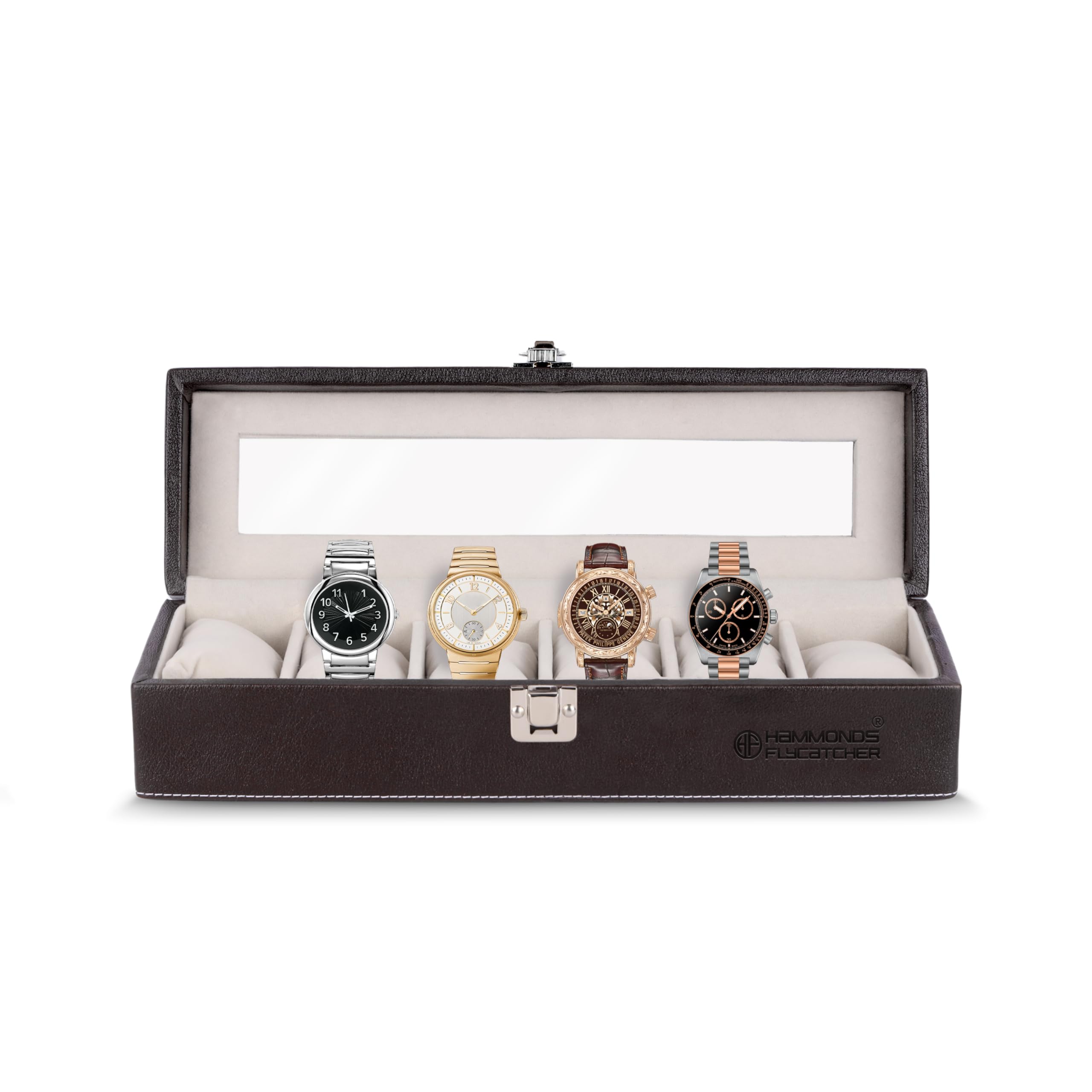 HAMMONDS FLYCATCHER Premium Men's and Women's Watch Box Organiser 6 Slots - Vegan Leather Watch Organizer with Glass Window, Luxury Watches Display Case for Collectors, Gift Ready Case - Brown