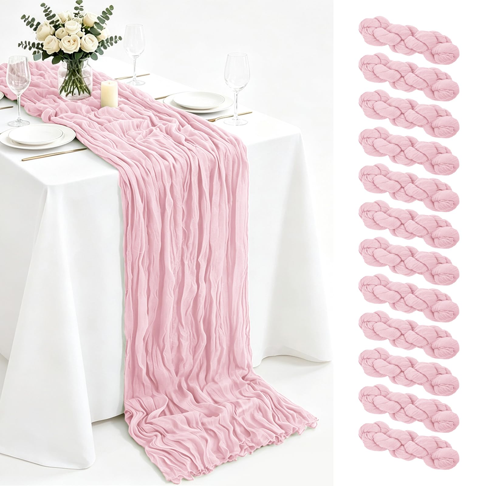 View 1 of 12 Pack Light Pink Cheesecloth Table Runner , 17x108 Inch 9FT Semi Sheer Soft Gauze Wedding Table Runners for Baby Shower, BridalShower,BirthdayParty,Graduation Party, Boho Rustic Table Decor