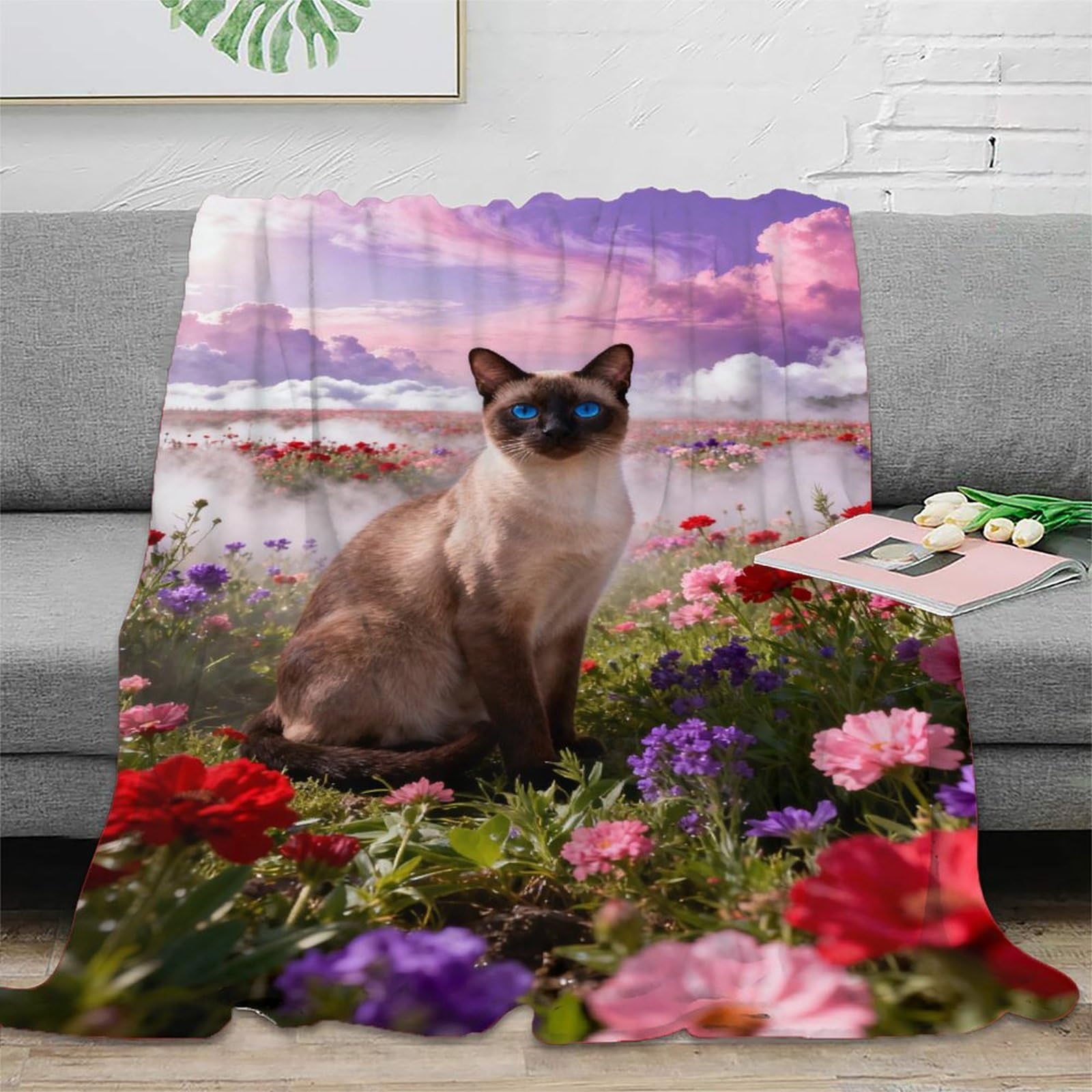 WXLWHR Siamese Cat Fleece Throw Blanket, Super Soft & Cosy Flannel, Flower Sea Blanket, for Bed And Sofa Unique Gift for Her Or Him 50x60inch(127x152cm)