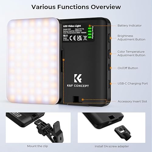 Miniatura 5 de K&F Concept Luz de video LED, luz de relleno de clip con filtro de 4 colores, luz de conferencia recargable de 2000 mAh, CRI 95+, 3 modos de luz,