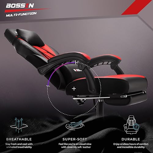 Miniatura 5 de BOSSIN Silla Gaming Estilo Racing, Silla de Escritorio de Computadora de Cuero con Reposapiés y Reposacabezas, Diseño Ergonómico de Servicio Pesado,