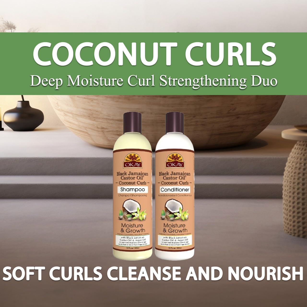 OKAY Black Jamaican Castor Oil & Coconut Curls Hair Care Set, 24 oz