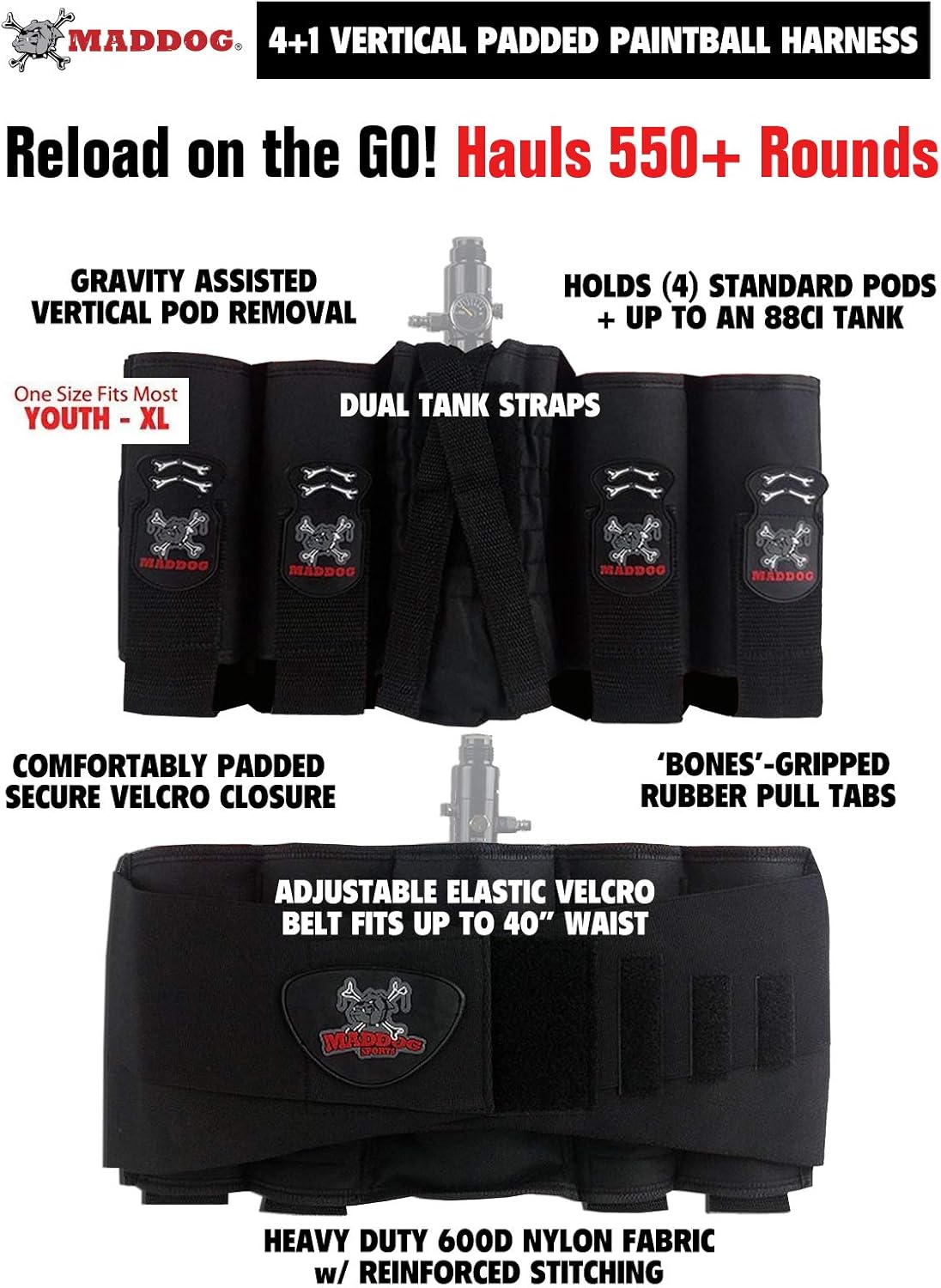 Maddog 4+1 Vertical Paintball Harness Pod Pack with (4) Paintball Pods | Pod Holder Belt with Pouch for up to 88ci. Paintball Tank Bottle | Remote Coil Compatible