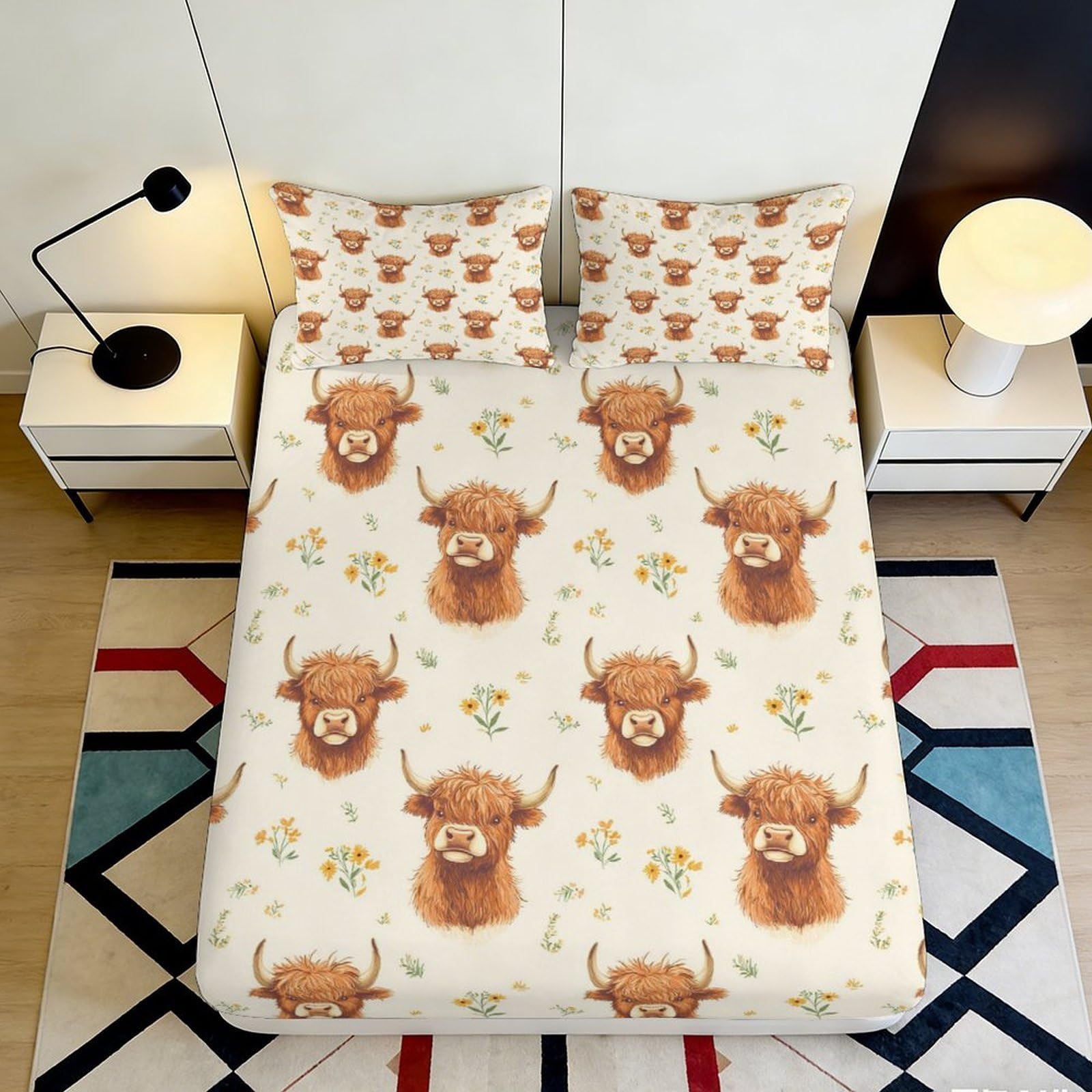 3D Printed Highland Cow Fitted Sheet Microfiber Soft Anti-Slip Wildflower Mattress Cover for Bedroom Guest Room Decor 200x200x25cm