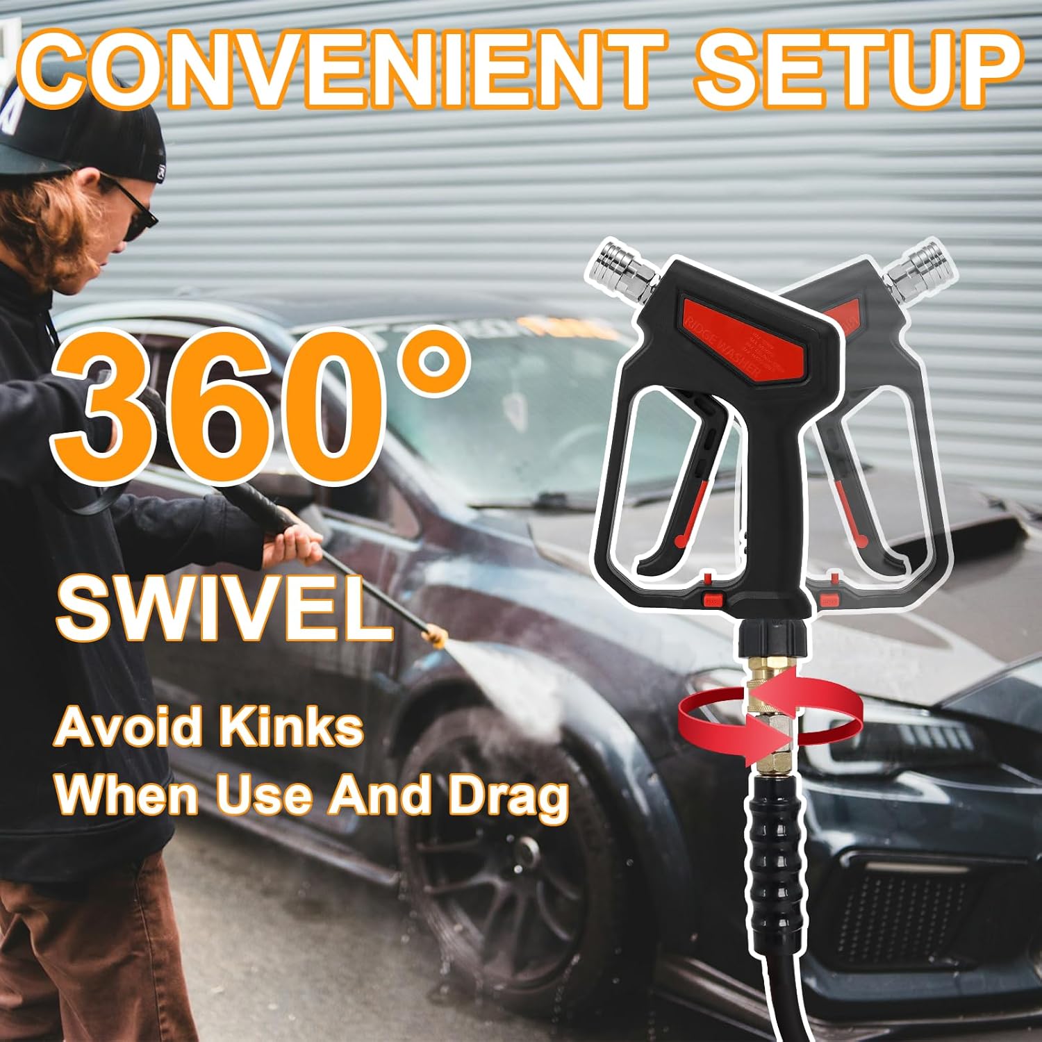 50FT Pressure Washer Hose 3/8''- 5000 PSI High Tensile Wire Braided Kink Resistant Power Washer Hoses Extension, Hot & Cold Water Max 212°F with 2 Pcs M22-14mm 3/8" Quick Connect Kits