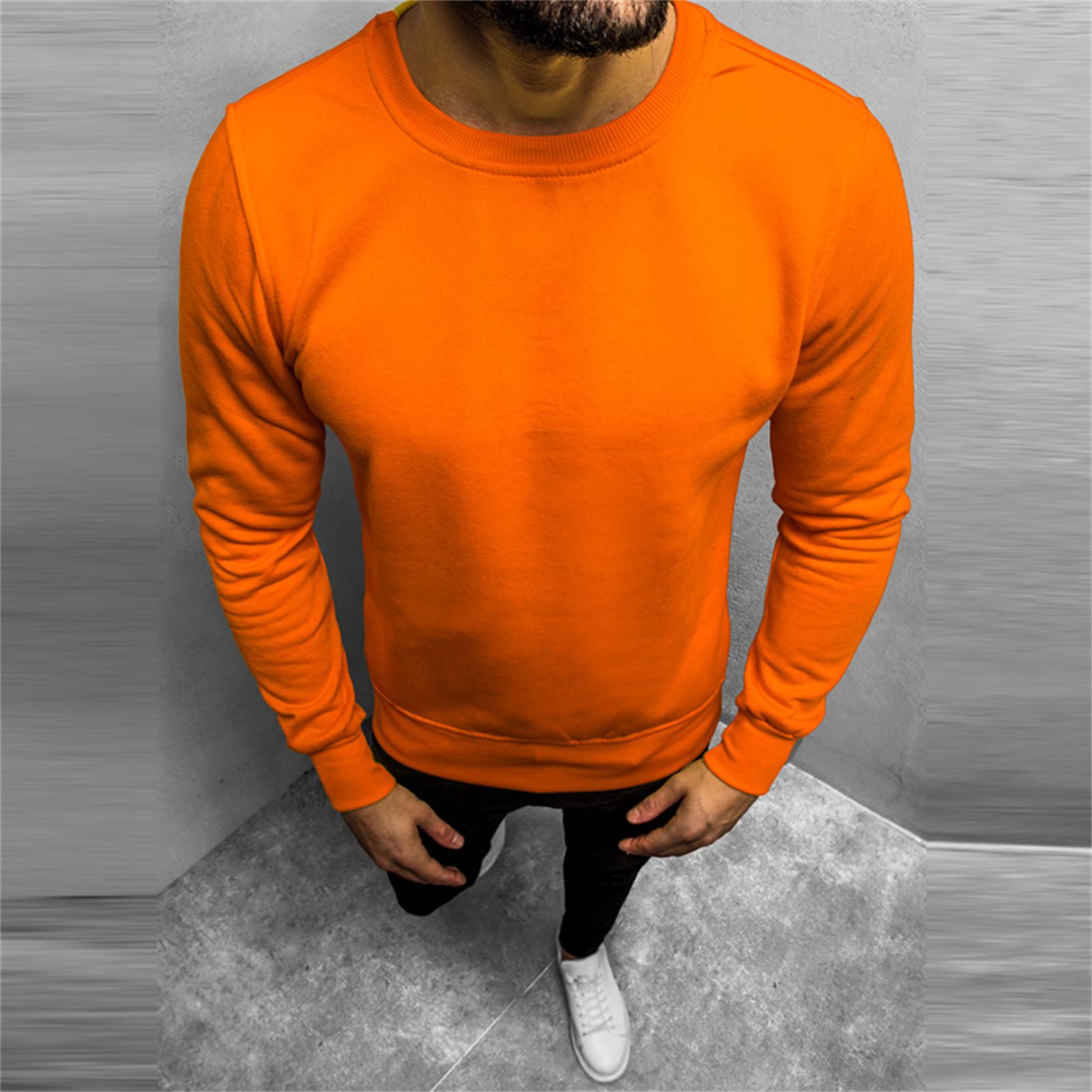 Maiyifu-GJ Men's Casual Long Sleeve Crewneck Sweatshirt Long Sleeve Solid Color Pullover Lightweight Round Neck Shirt Tops (Orange,X-Large)