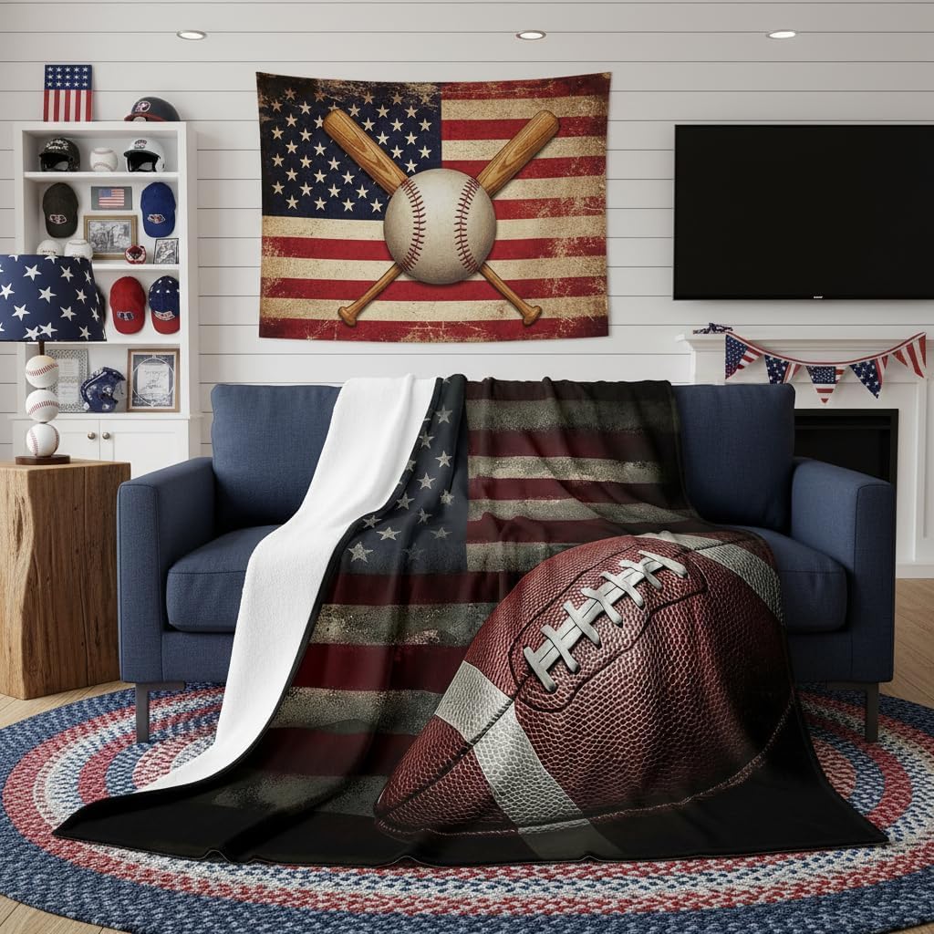 Erosebridal American Flag Blanket, Boys Football Throw Blanket 40x50 Soccer Sports Games Fleece Blanket United States Federations Stars Stripes Bed Blanket for Kids Teens Adult Bedroom Decor