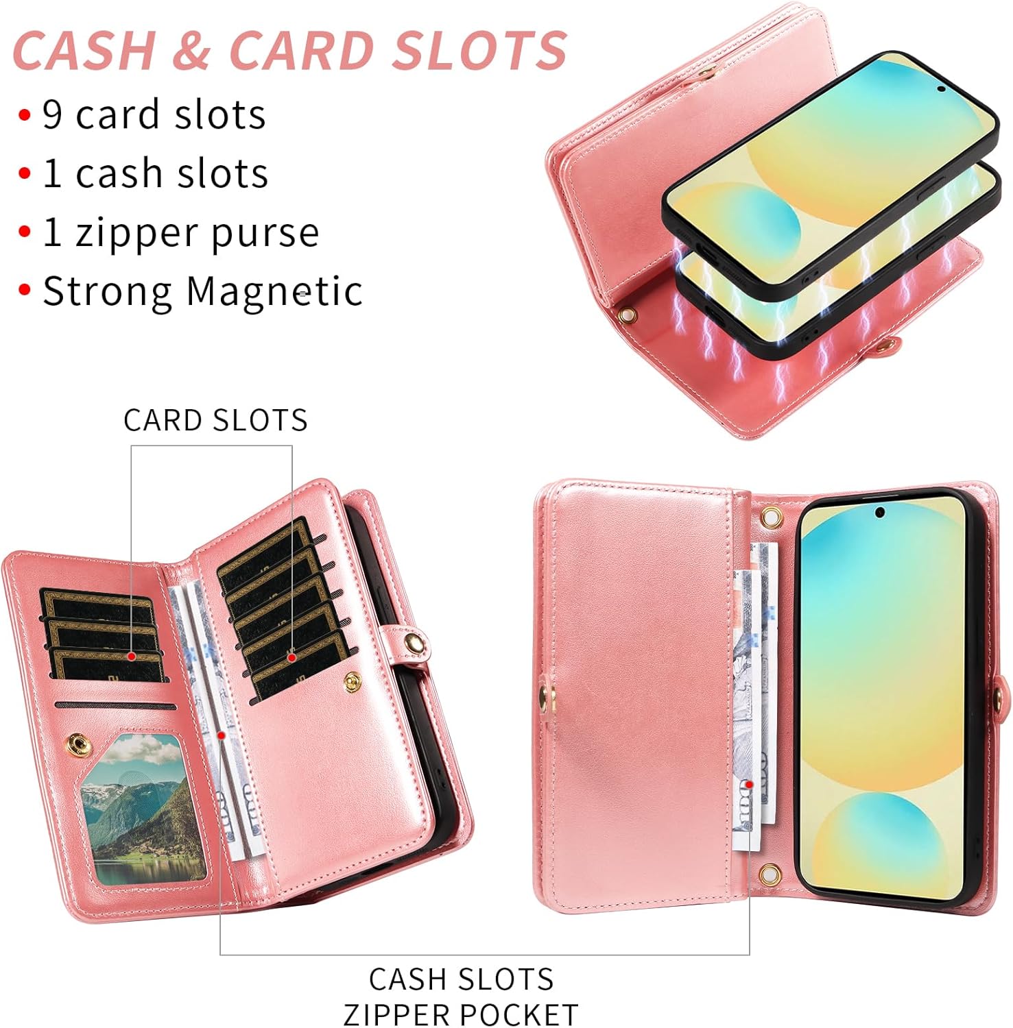 Asuwish Phone Case for Samsung Galaxy S24 FE 5G Zipper Wallet Magnetic Detachable Cell Cover with Tempered Glass Screen Protector Crossbody Strap Flower Card Holder S 24 EF S24FE 24S Women Rose Gold
