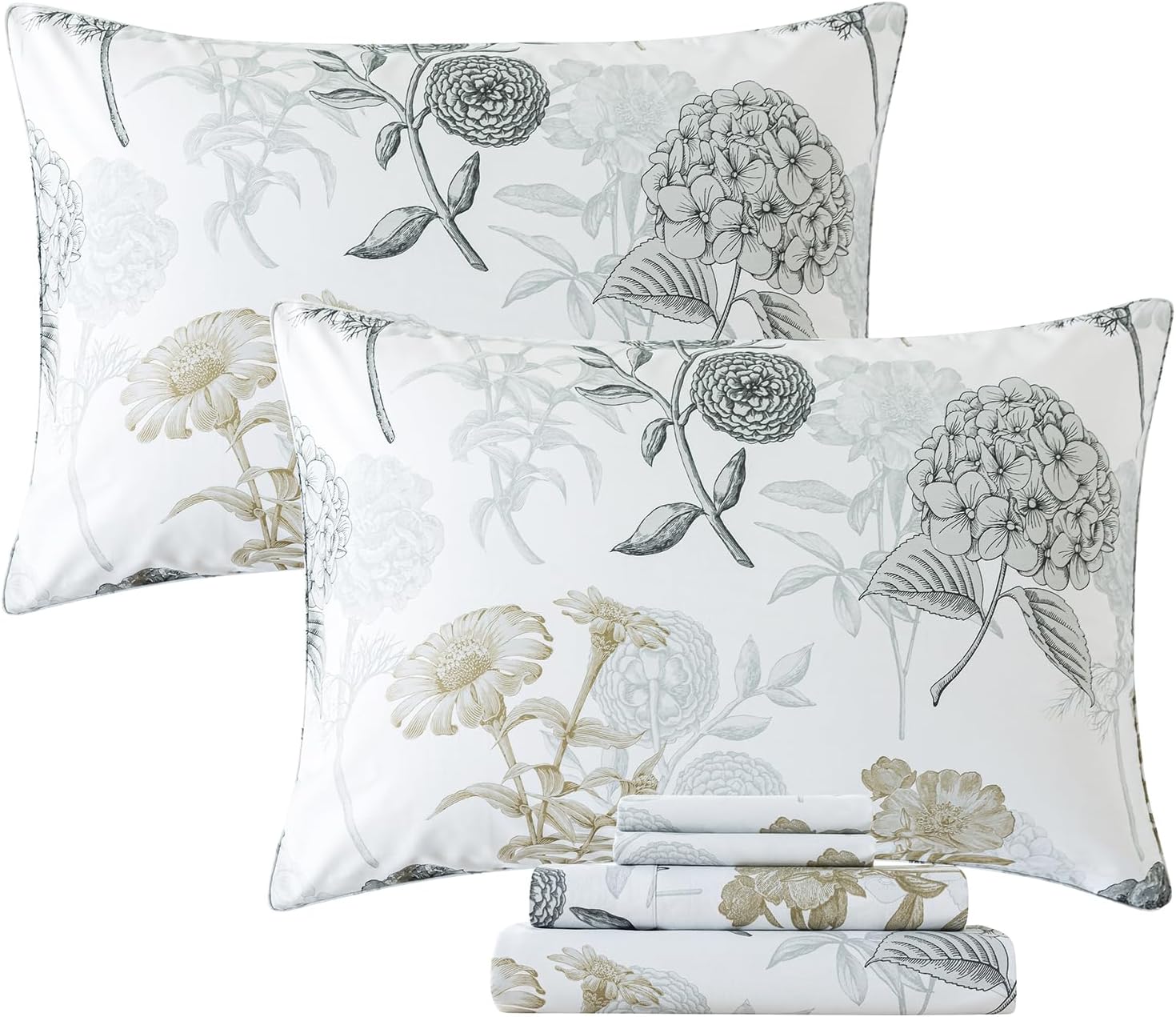 FADFAY Queen Sheets Set Percale Cotton Grey Floral Bed