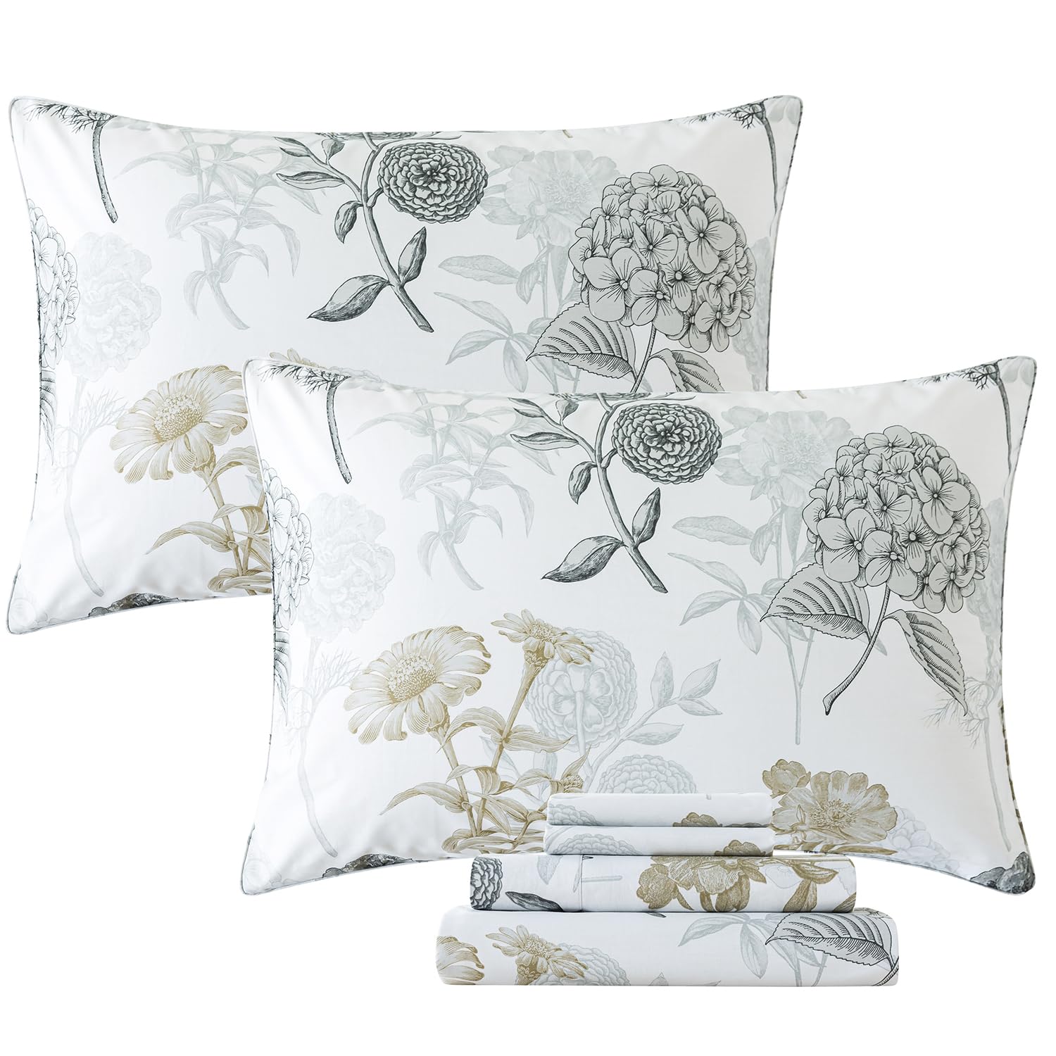 FADFAY Queen Sheets Set Percale Cotton Grey Floral Bed Sheets Deep Pocket Fitted Sheet, Luxury Ink Vintage Grey Hydrangea Printed Shabby White Bedding