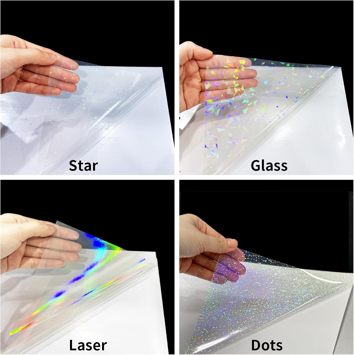 20 Sheets Holographic Sticker Paper,Holographic Laminate Sheet,A4 Size Clear Vinyl Sticker Sheet,11.7 x 8.3 Inches（Star,Glass,Laser,Dots）