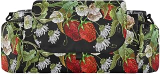 CUPADA Strawberry Berries Flowers Universal Stroller Organizer, Black Embroidery Stroller Organizer Bag with Cup Holders Removable Shoulder Strap Fits Most Baby and Pet Strollers