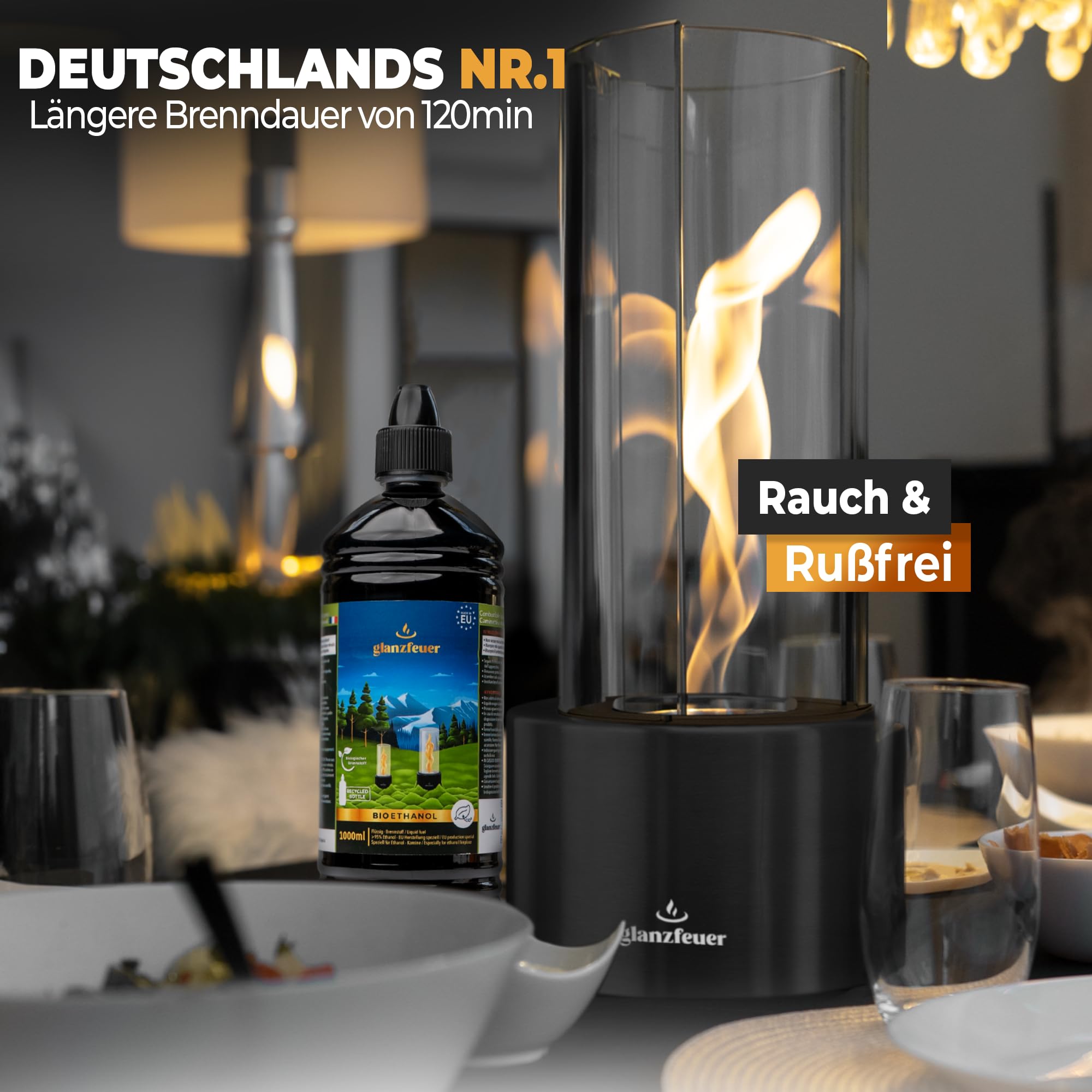 Glanzfeuer Bioethanol Tischkamin Outdoor & Indoor inkl. Bioethanol - Extra Lange Brenndauer mit Wirbelflamme - Tischfeuer Deko - Tisch Kamin Feuer Feuersäule - Garten & Deko Geschenk