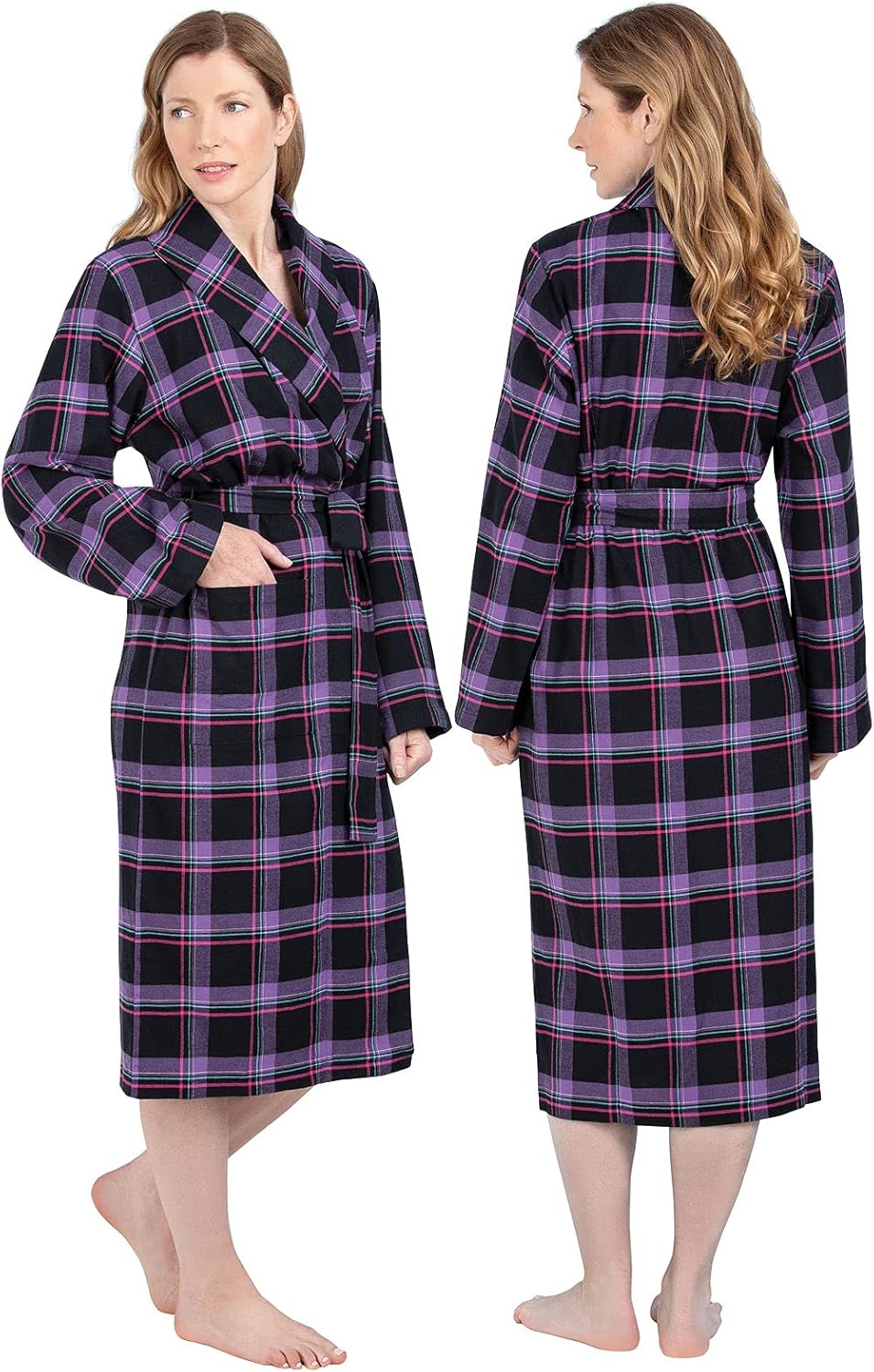 PajamaGram Cotton Flannel Robe Womens - Soft Yarn Dyed Plaid at  Women’s Clothing store