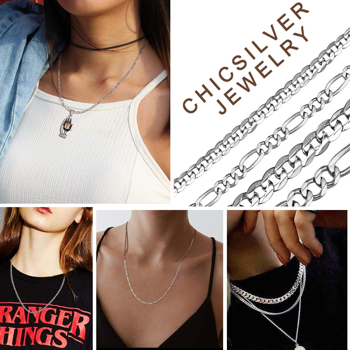 ChicSilver Collana a Catena in Argento Sterling 925 Catena Barbazzale Cubana Figaro da Uomo Donna, Collana di Ricambio per Pendente Cindolo, 45-70 cm Lungha, 3/5 mm Larga, Con Confezione