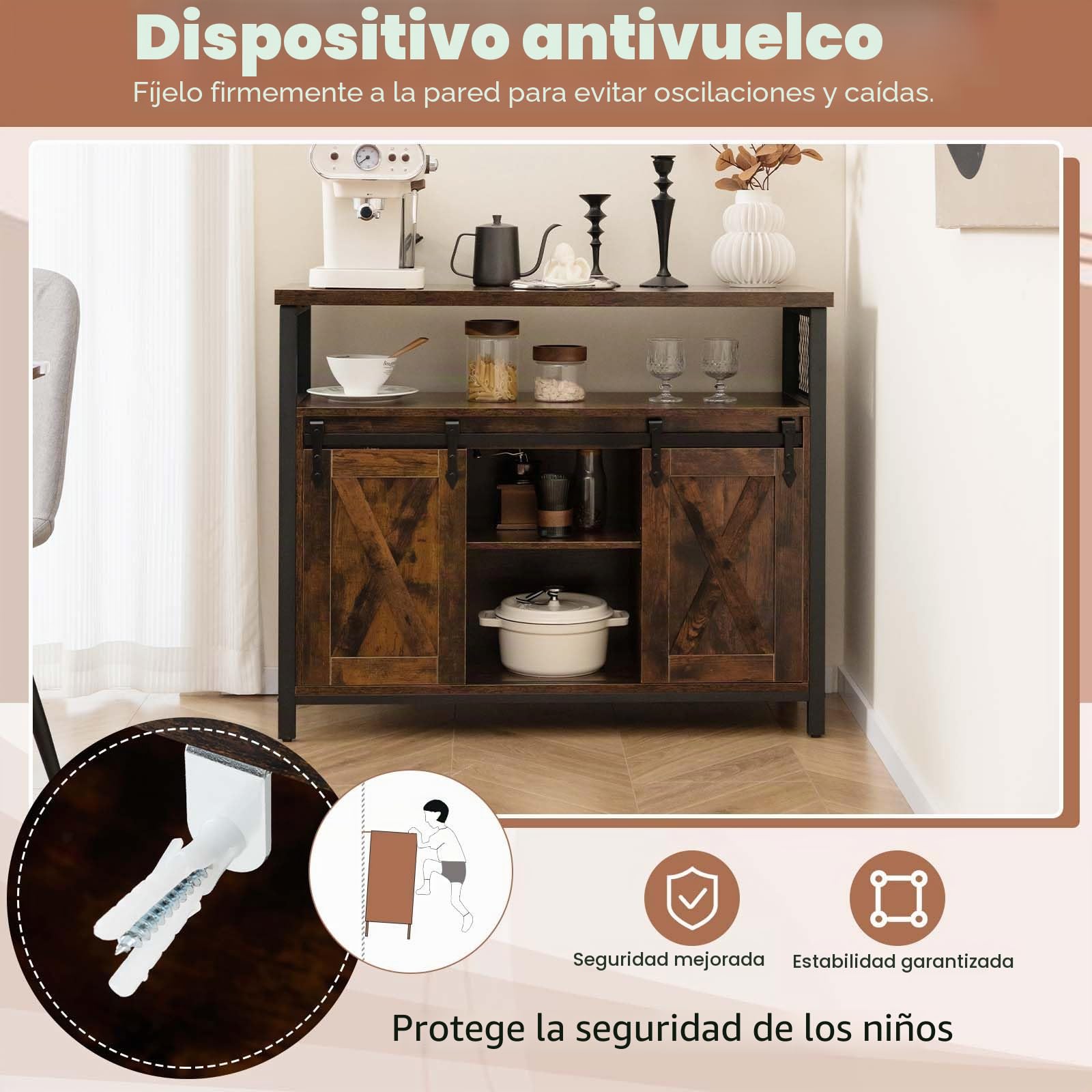 GOPLUS - Mueble de almacenamiento de cocina con 2 puertas correderas, aparador de cocina estilo industrial con 6 compartimentos abiertos y patas ajustables para sala de estar, cocina, 100 x 33 x 88 cm