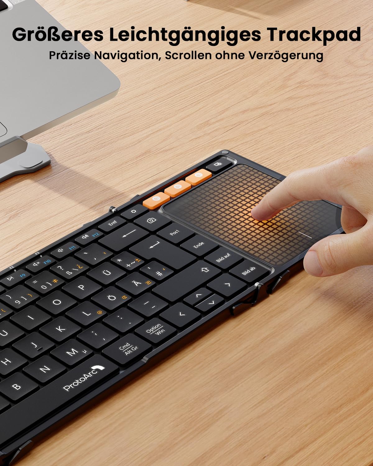 ProtoArc XK01 TP Bluetooth Tastatur Faltbare mit Touchpad, Tastatur Kabellos Klappbare QWERTZ Deutsch mit Groß Trackpad für iPad, iOS, Android, Windows Laptop PC Tablet - Schwarz