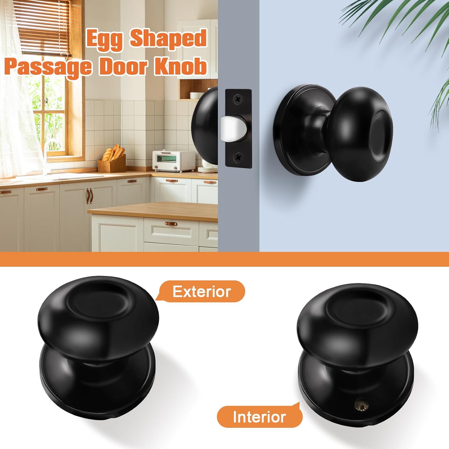 Gobrico 1 Pack Egg Shaped Passage Door Knobs Matte Black Oval Style Door Knobs Stainless Steel Door Handles