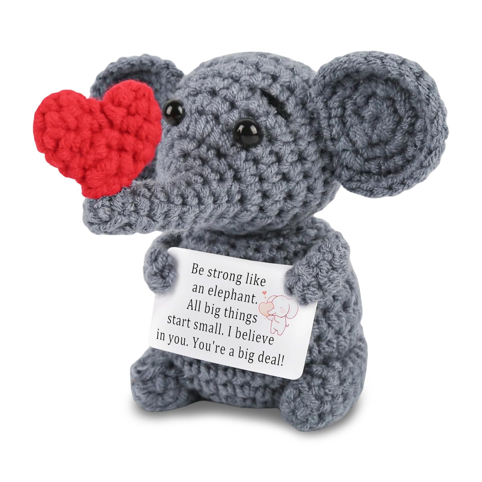 Emotional Support Crochet Elephant, Positive Crochet Animals with Greeting Card Good Luck Charm for Desk and Car Decoration, Elephant Gifts for Friends and Colleagues, Emotional Support Gift for Women