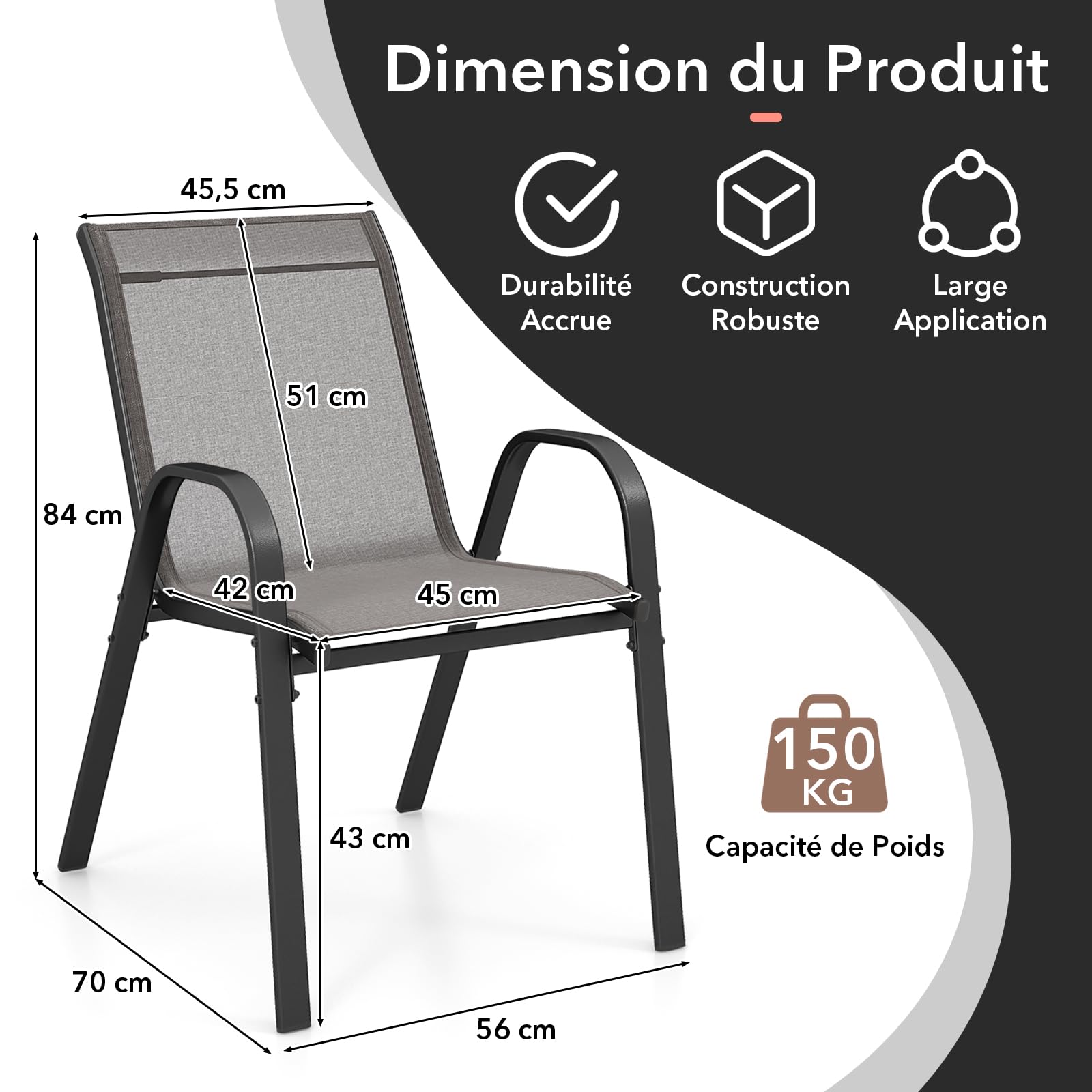 GOPLUS Lot de 2/4 Chaises de Jardin Extérieur en Métal et Textilène Respirant, Fauteuil de Jardin Empilable et Anti-dérapant avec Accoudoirs et Dossier, Idéal pour Patio, Terrasse (56x70x84cm,Gris,4)
