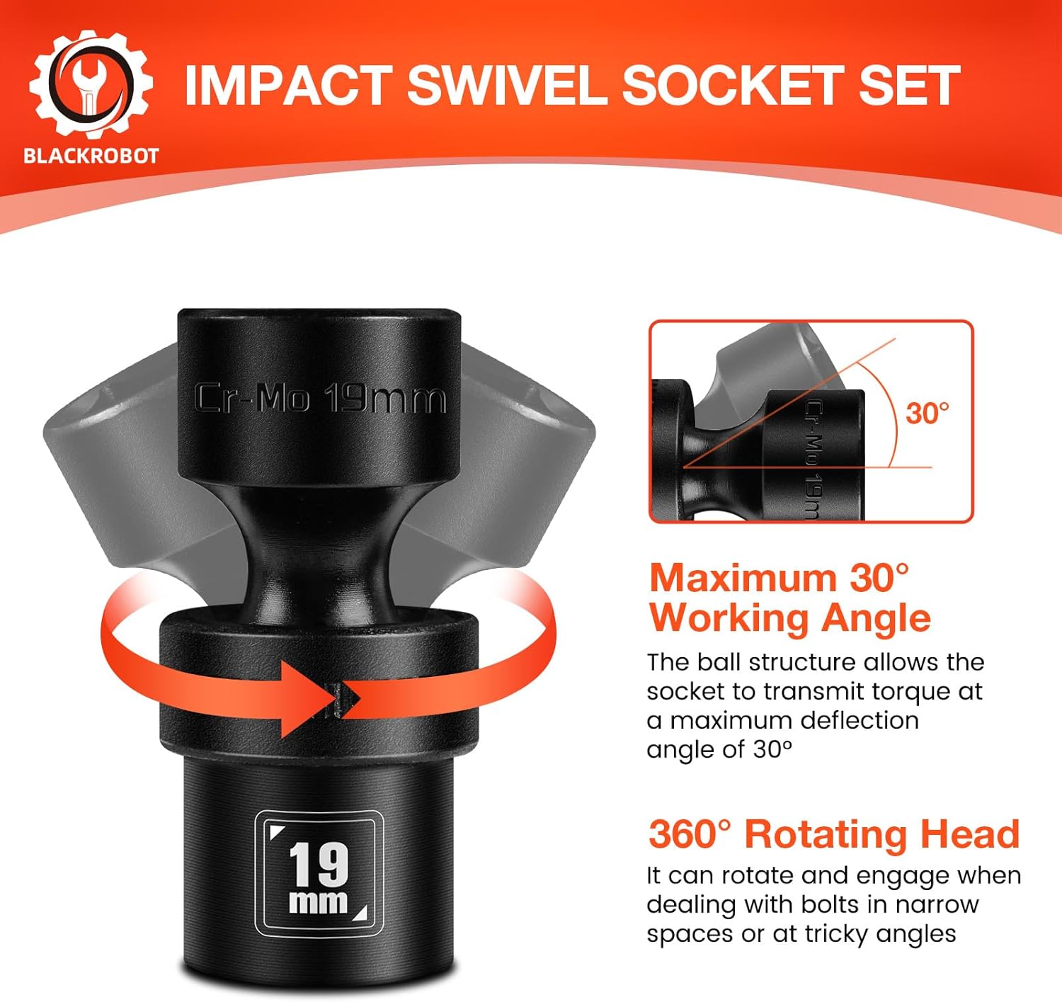BLACKROBOT 1/2" Drive Swivel Socket Set, 10 Pieces Shallow Universal Impact Socket Set, Metric(10-19mm) Flexible Wobble Socket Set, 6 Point, CR-MO