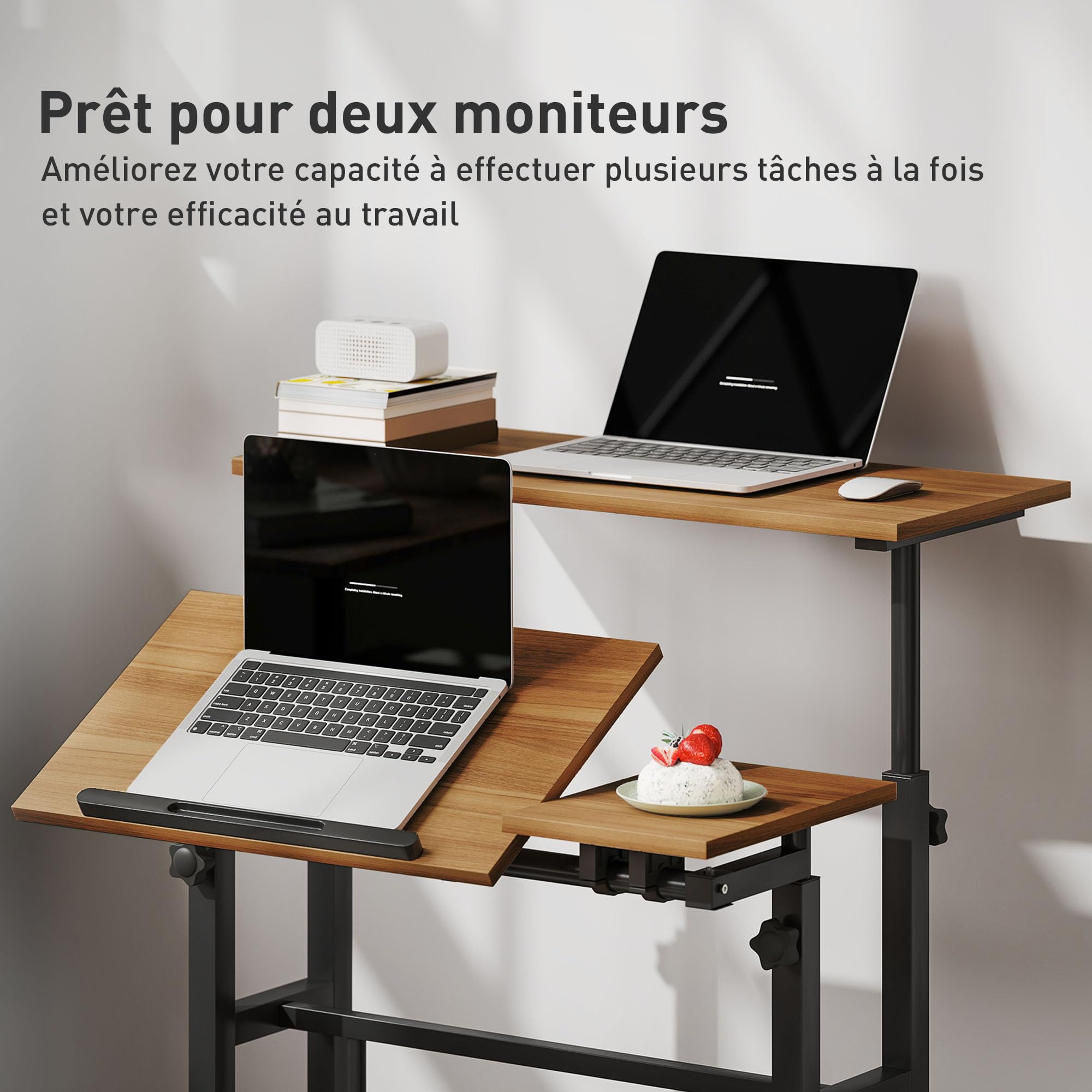 HOMCOM Scrivania sit-stand regolabile in altezza 70x60cm Marrone | Scrivania computer su ruote, piano inclinabile, postazione di lavoro per camera da letto, piccoli spazi