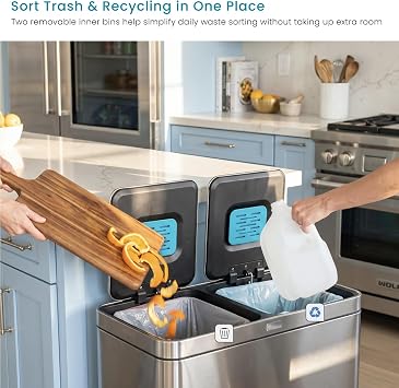 Home Zone Living 16 Gallon Kitchen Trash Can with Dual Compartments | Stainless Steel with CleanAura Odor Control, Soft-Close Step Pedal Lids for Recycling, Silver