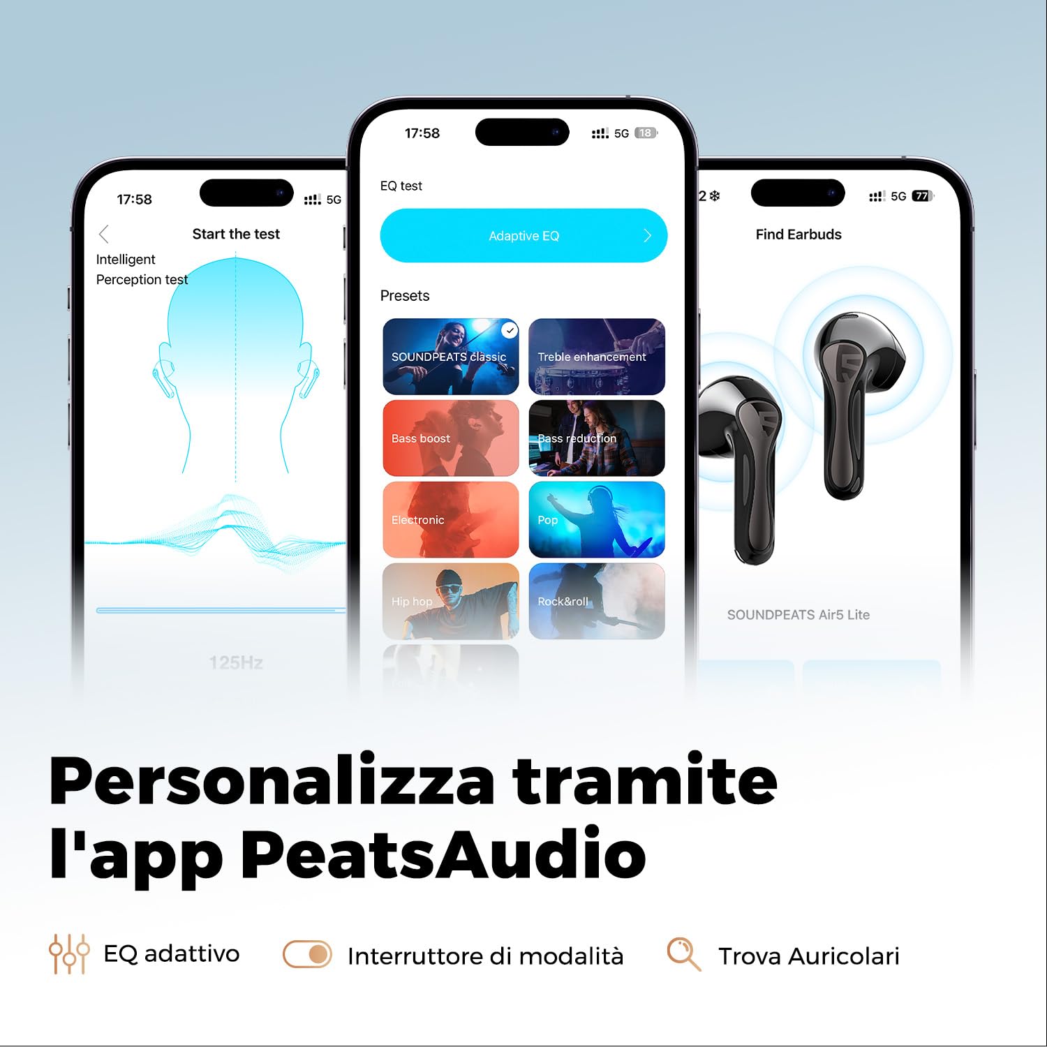 SoundPEATS Air5 Lite Cuffie wireless Bluetooth 5.4, decodifica audio LDAC, certificazione Hi-Res, 30 ore, connessione multi-dispositivo, supporto APP | · Hi-Res Audio · chiamate AI-ENC antivento · Multipoint · IPX5 · 15min=3h · 4,47g leggeri