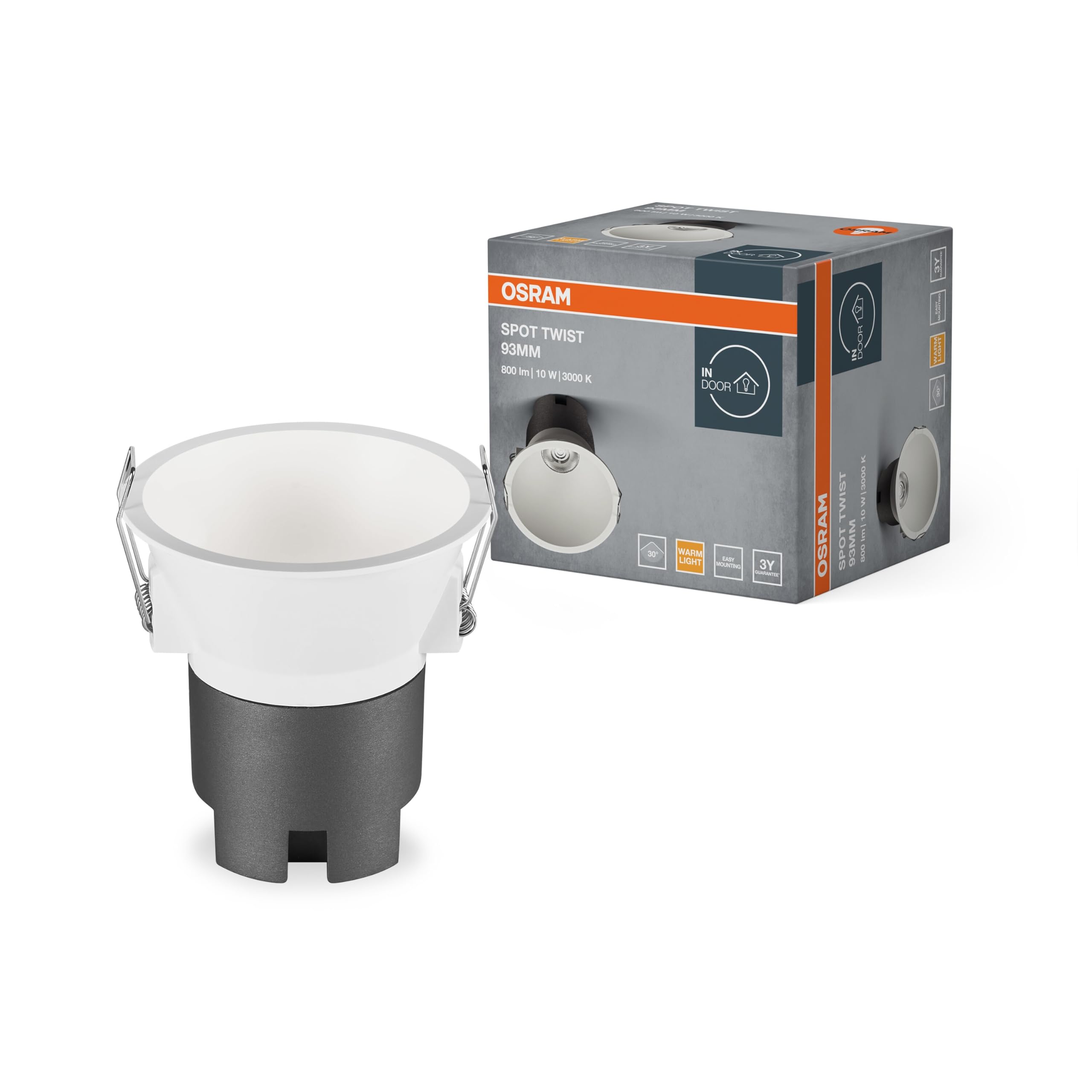 OSRAM Downlight empotrable SPOT TWIST, blanco, 10W, 800lm, 830 WT, 93mm de diámetro, color de luz blanco cálido, hasta un 90% de ahorro de energía en comparación con los downlights halógenos, fácil