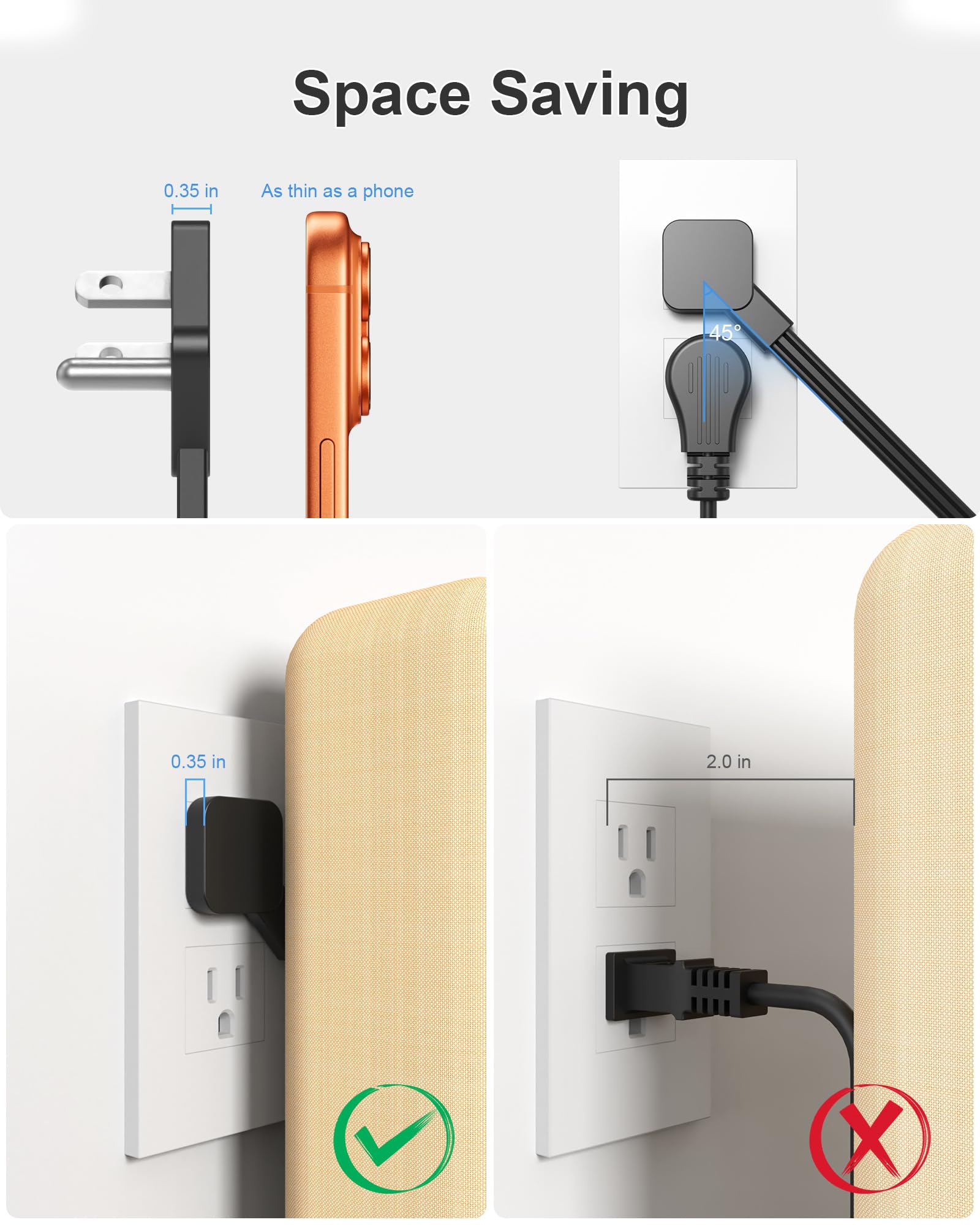 Regleta de alimentación de computadora con protección contra sobretensiones, 12 salidas de CA, 2 USB-C 2 USB-A, cable de extensión de enchufe plano de 6 pies para estación de carga de