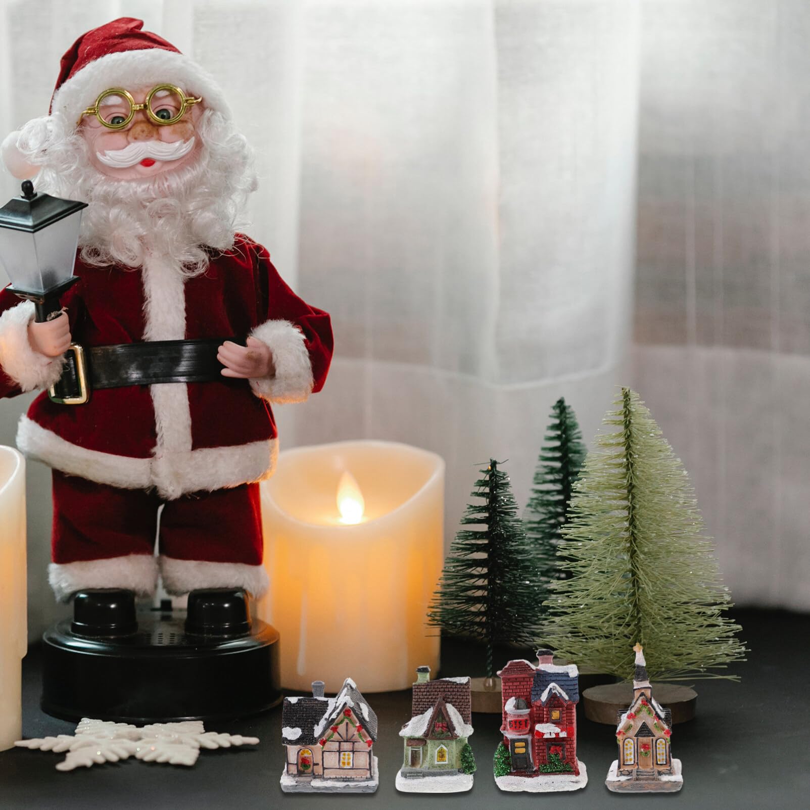 Uonlytech 4 piezas Navidad casa luminosa led pueblo bricolaje cabaña de resina modelo colgante adornos para árbol de Navidad decoración de mesa del hogar