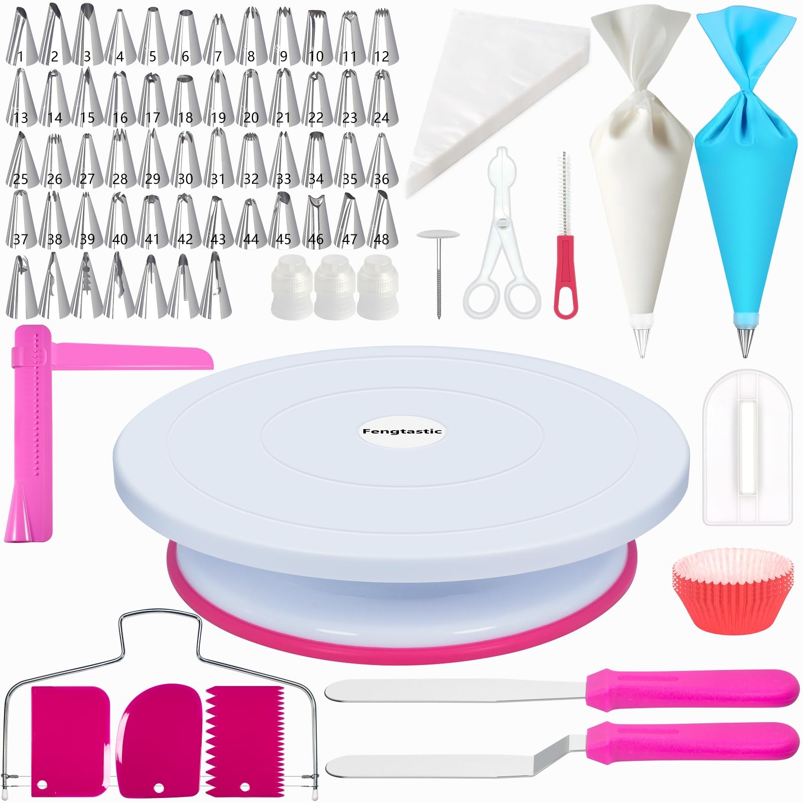 Kit de 200 piezas de suministros de decoración de pasteles para principiantes, tocadiscos de pasteles, 55 puntas de glaseado, espátula recta y compensada, 110+1 bolsas de tubería, nivelador de