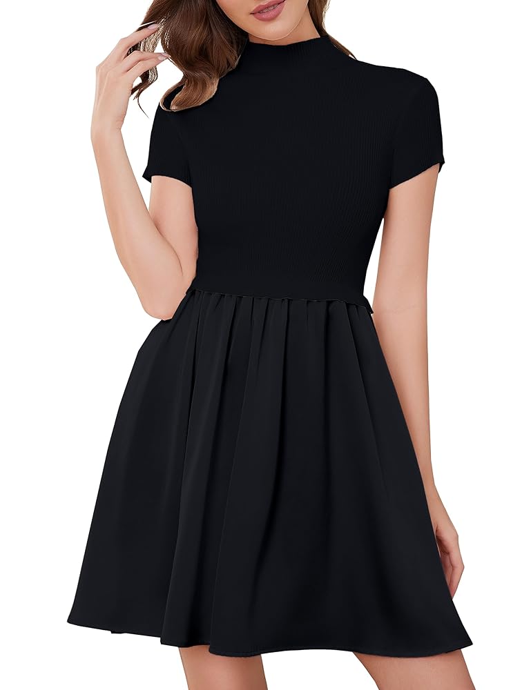 OLAPTA Women Mock Neck Patchwork Pleated Sweater Dress Short