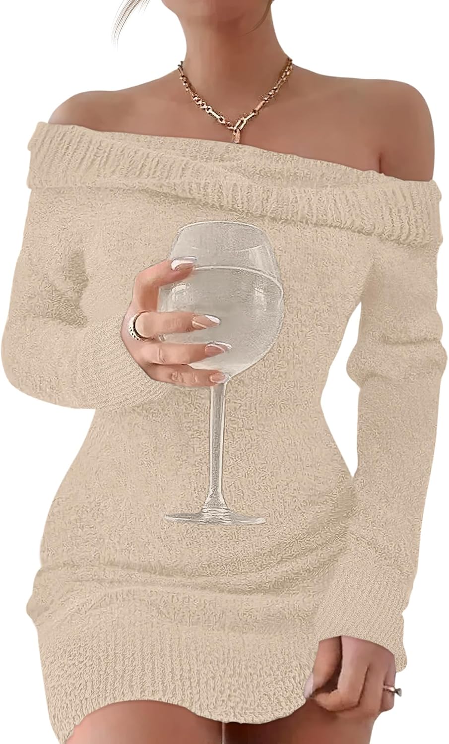 Offshoulder fuzzy bodycon sweater dress for fall party