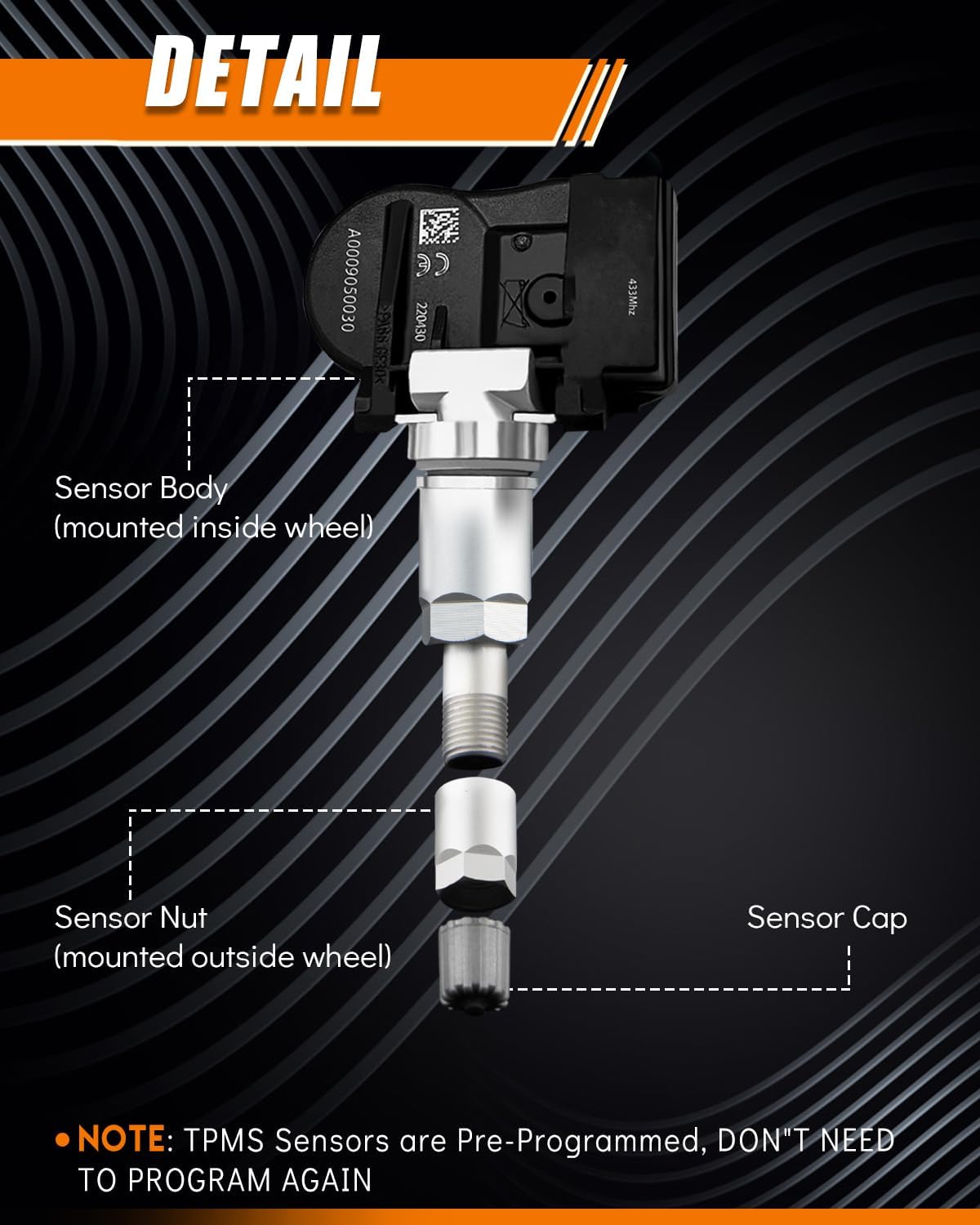 A0009050030 433MHz for:-Mercedes Benz Tire Pressure Monitor Pre-Programmed Fit for C300 C350 E300 E350 B250 C230 C250 C63 CL550 CL600 CL63 AMG E550 GL350 for:-Smart Fortwo TPMS Sensor (4 Pack)
