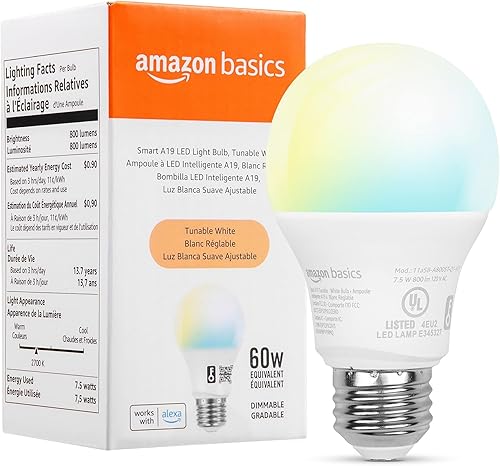 Amazon Basics Bombilla LED inteligente para interiores, activada de atardecer a medianoche, funciona solo con Alexa, blanco sintonizable, 7.5 W, 1