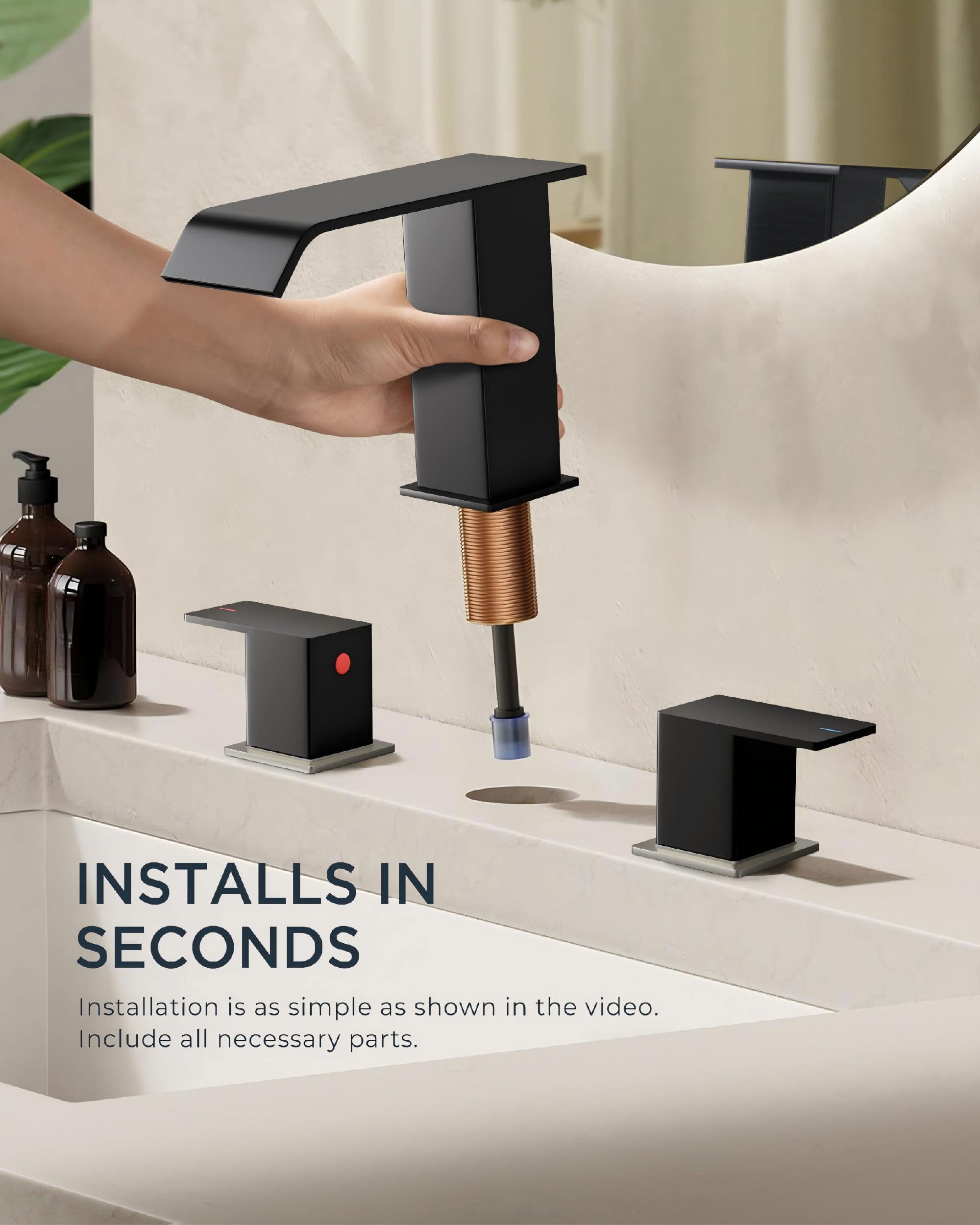 QHQQXN Weitverbreiteter Waschbecken-Wasserhahn mit 3 Löchern, gebürstetes Nickel, 2 Griffe, Wasserfall-Badezimmer-Wasserhahn mit Pop-up-Ablauf aus Metall und 24-Zoll-Warm- und Kaltwasserschläuchen,