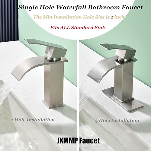 Miniatura 5 de JXM122BN - Grifo de baño de un solo agujero, níquel cepillado con montaje de drenaje desplegable y placa de cubierta para fregadero de instalación