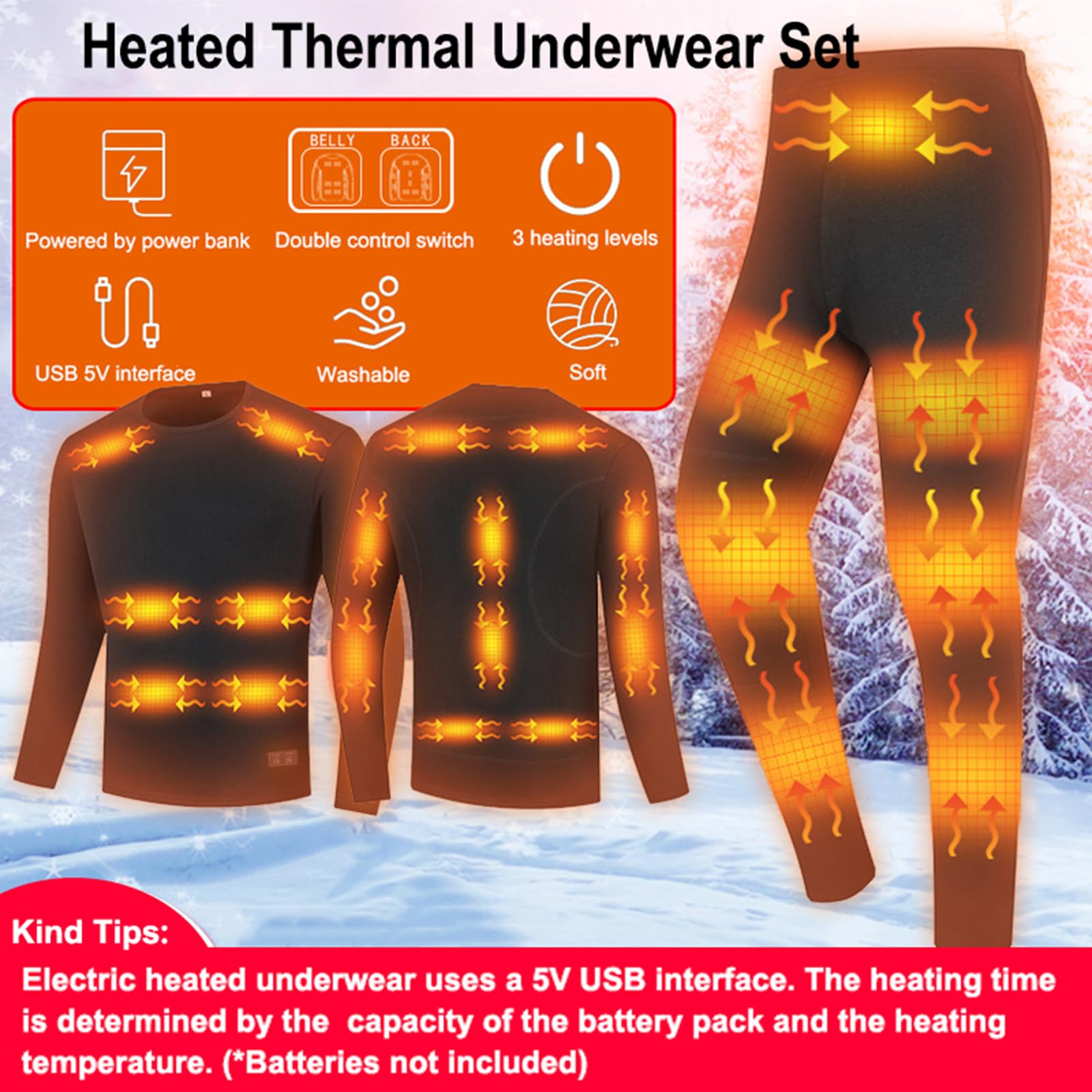 Set di Biancheria Intima Termica Riscaldata con 28 Zone Riscaldate, Set di Biancheria Intima Termica (Camicia E Pantaloni) per Allenamento Sci Corsa Escursionismo(Senza Batteria),XL,Black