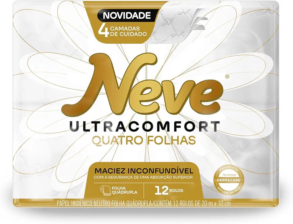 Neve Papel Higiênico Ultracomfort, Folha Quádrupla, 20m, 12 rolos