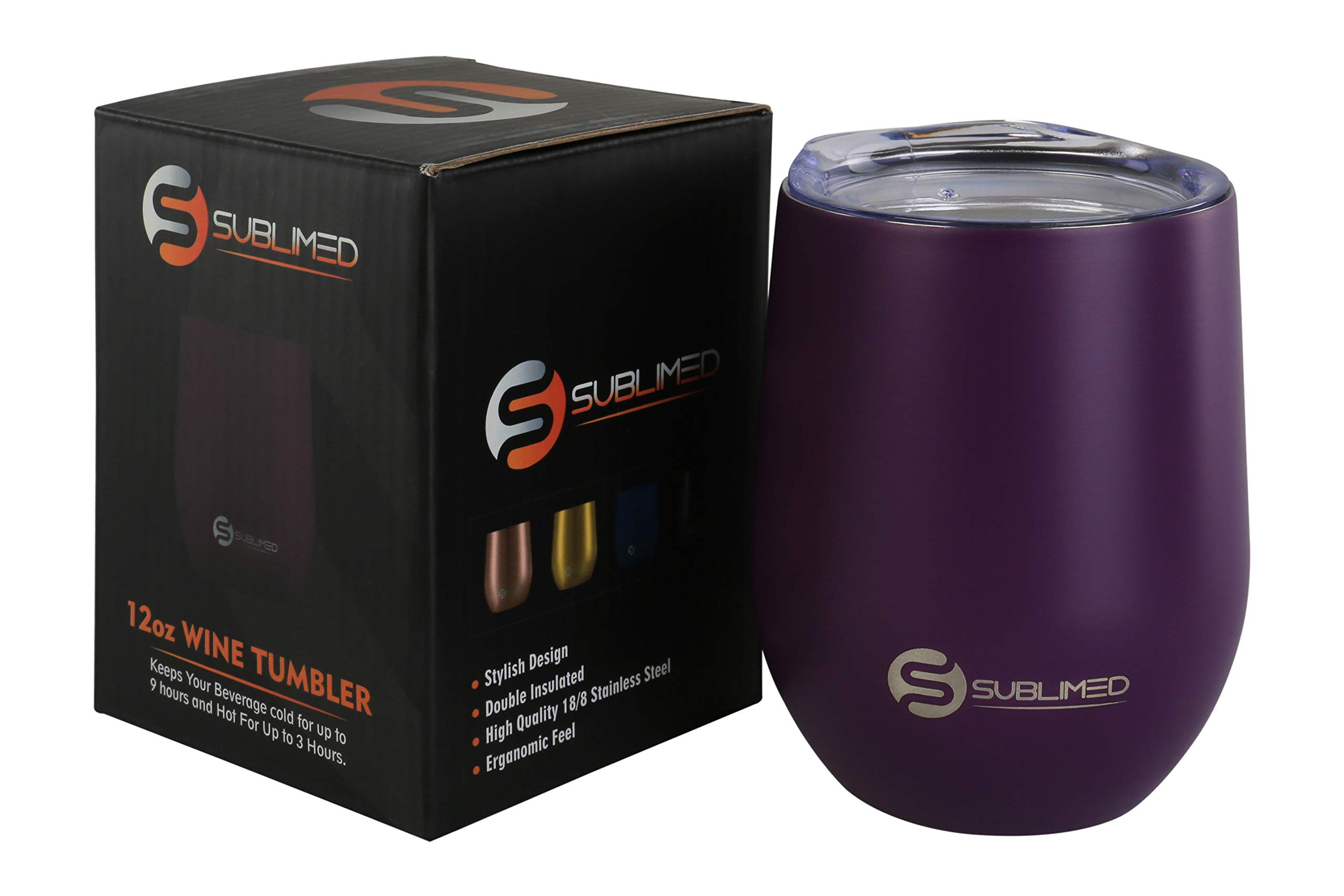 Sublimed 12oz Stemless Wine Tumbler Double Walled Quality Stainless Steel Vacuum Insulated with BPA Free Lid (Purple)