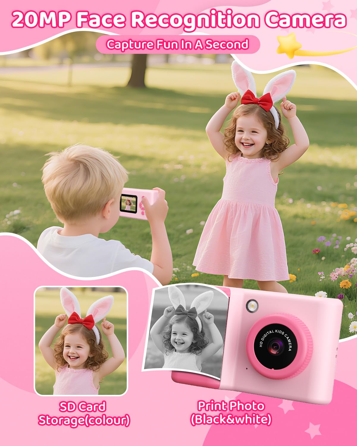 Macchina Fotografica Bambini Istantanea, 20MP 1080P Fotocamera Digitale Bambini 2,4 Pollici Fotocamera Istantanea con 32GB Scheda, Carta da Stampa, Flash LED, Regalo per Bambina e Bambino 3-12 Anni