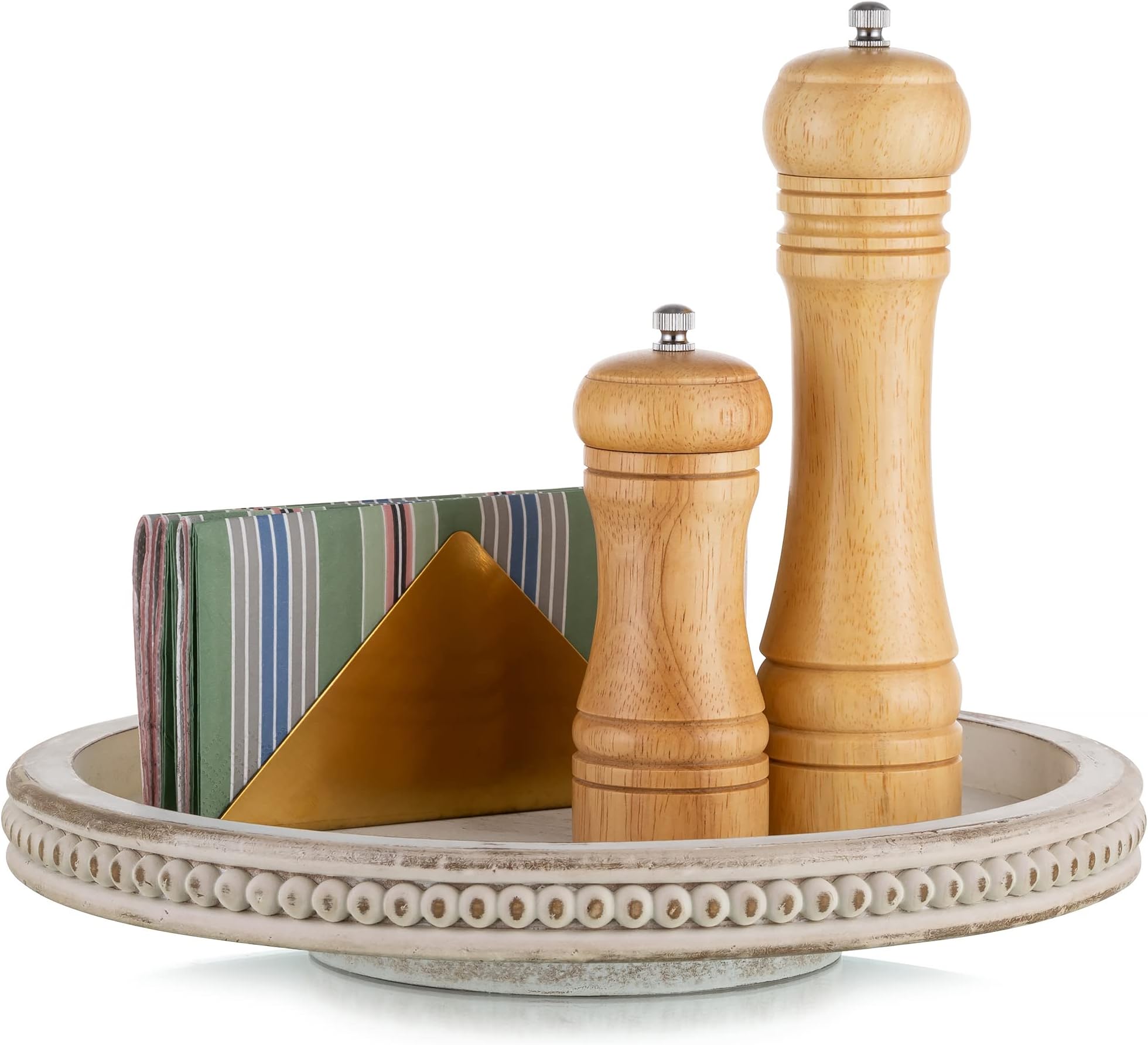 Hanobe Lazy Susan Organizer Wooden Turntable White Round Wood Trays for Decorative Kitchen Counter Coffee Table Home Decor with Beaded Spice Spinner
