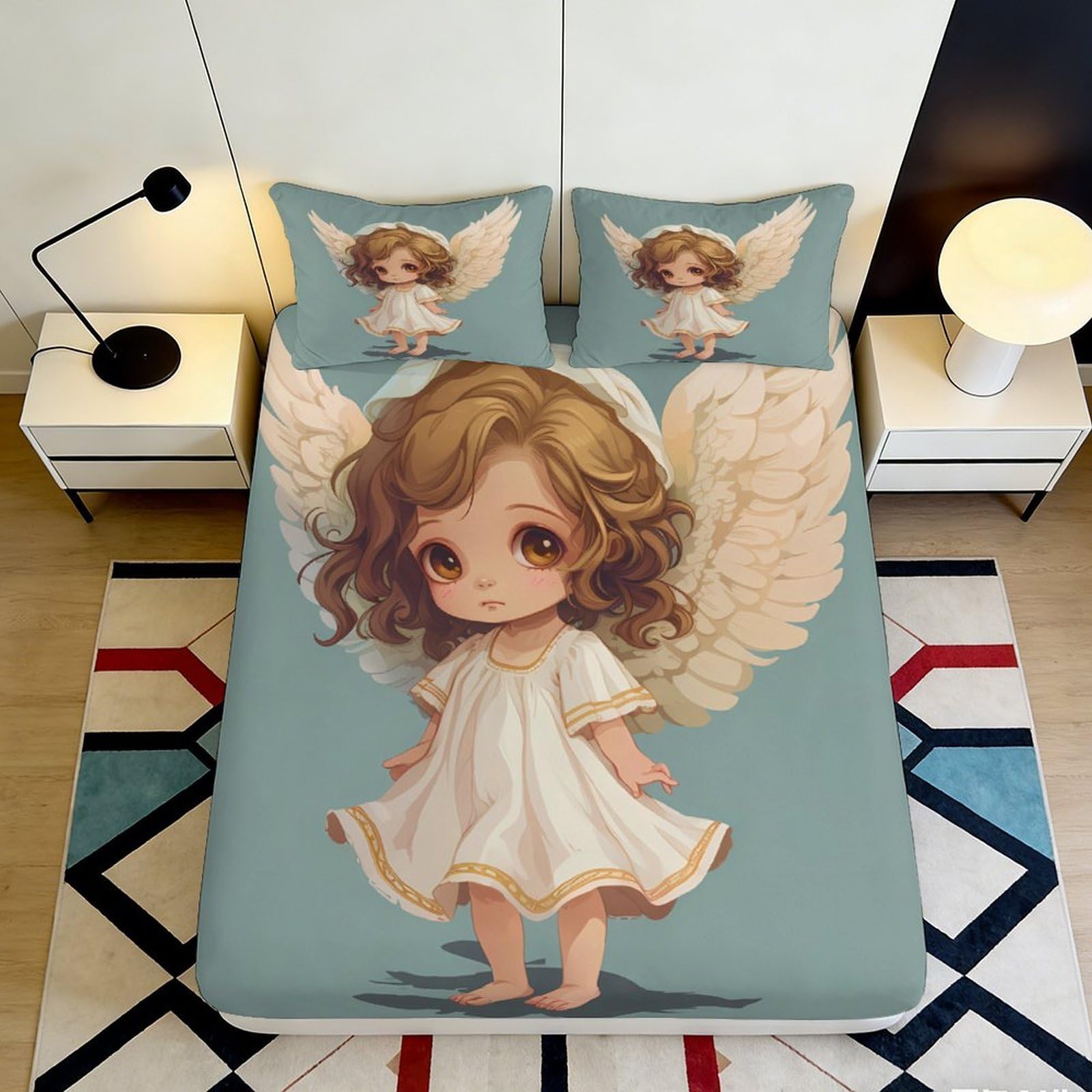 Pnayamiorkfel Style-8 3D Printed Angel Wings Fitted Sheet Microfiber Soft Decorative Bed Cover For Bedroom Guest Room Dorm Mattress Protection 90X200x25cm