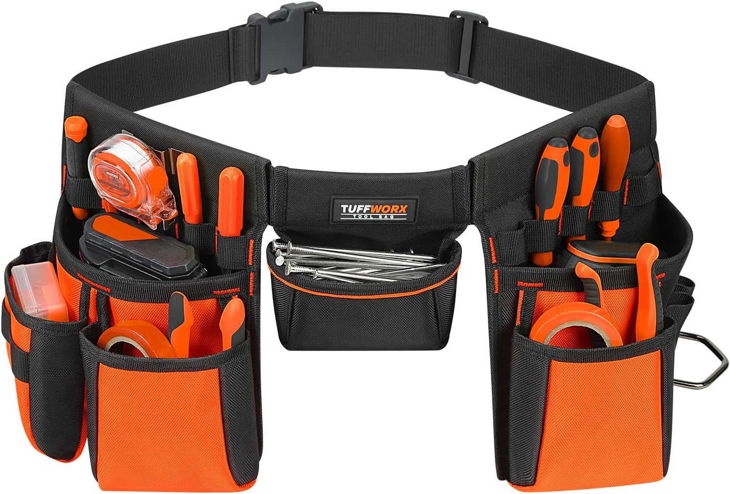 Tool Belt with Multiple Pockets, Heavy Duty Construction Pouch, Black and Orange