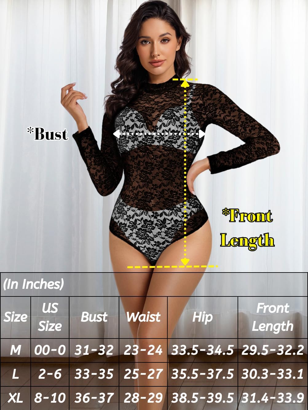 Women's Sexy Lace Bodysuit, Sheer Long Sleeve Snap Crotch Floral Top Music Festival, Mock Turtleneck Going Out Outfit - Image 6