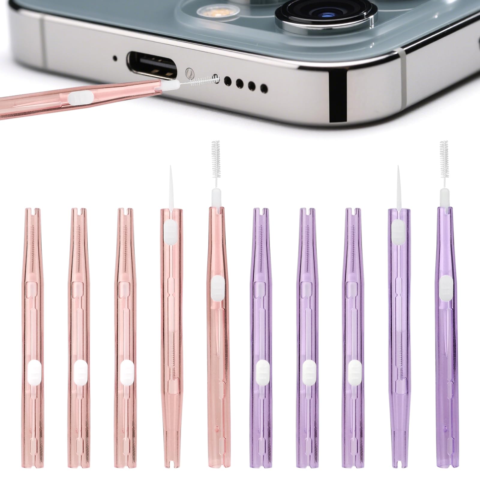 10pcs Phone Cleaning Kit, Anti-Clogging Bristles & Hook Charging Port Cleaning Brush Double-Sided Dust Remover Charger USB C Cleaner Tools for Mobile Phone Earbud Speaker Headphone (Purple & Yellow)