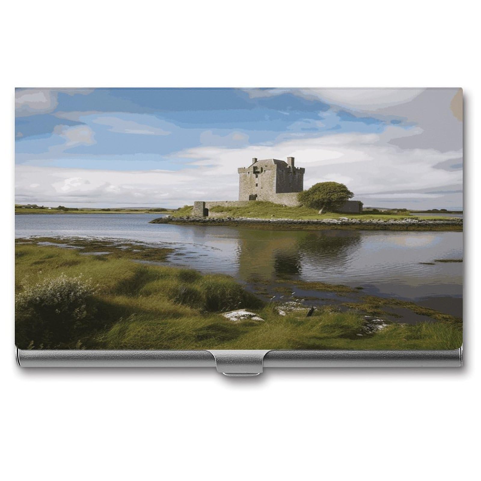 LDGSUPH View of The Dunguaire Castle Business Card Holder Fashion Slim Name Card Holder Minimalist Design Case Metal Card Carrier Personalized Business Card Case with Flip for Men Women
