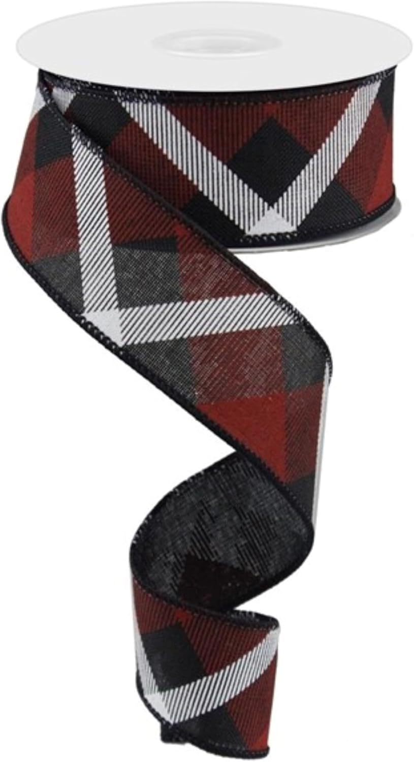 格子柄 キャンバス 有線エッジリボン 10ヤード (ブラック、レッド、ホワイト、1.5インチ)